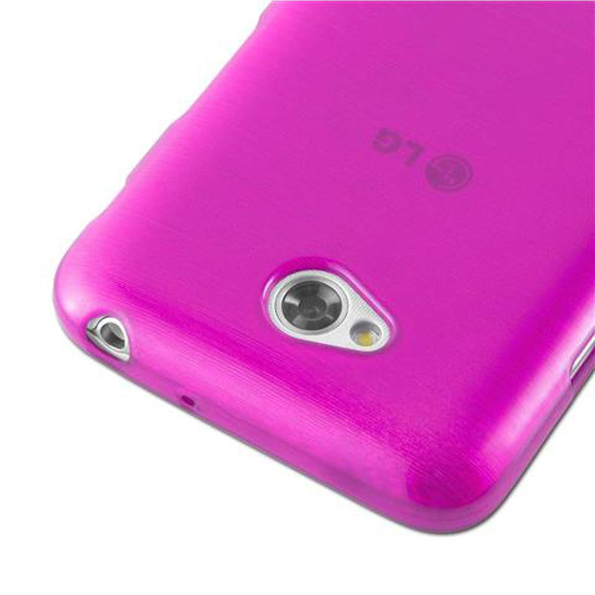 Custodia per telefono rosa, che mostra il retro del telefono con fotocamera e jack audio.