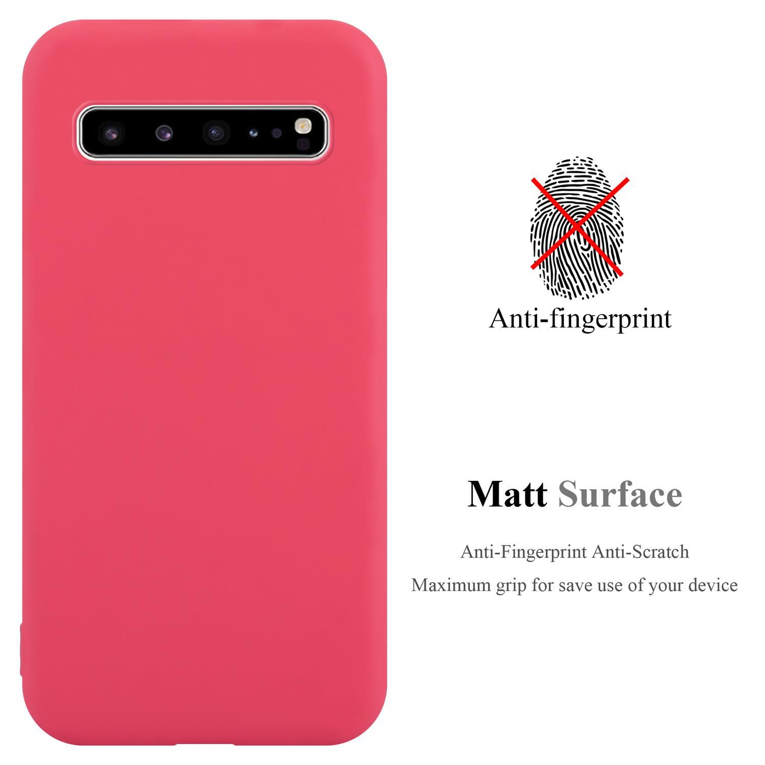Eine rote Handyhülle mit Fingerabdrucksymbol und Text zur Oberfläche.