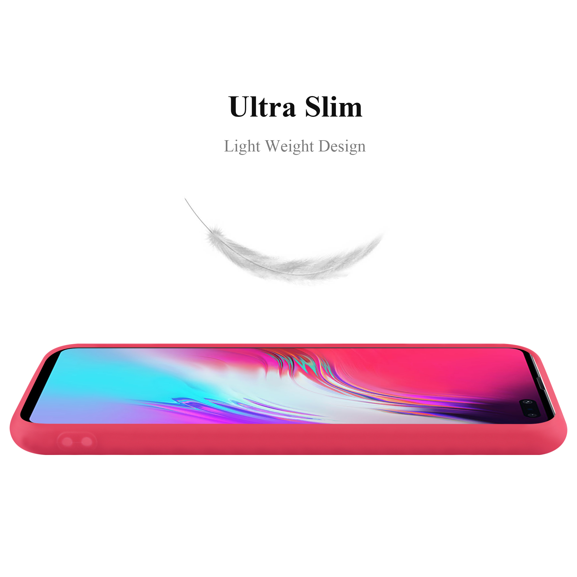 Eine rote Handyhülle mit Bildschirm, Feder und Text, der 'Ultra Slim' lautet.