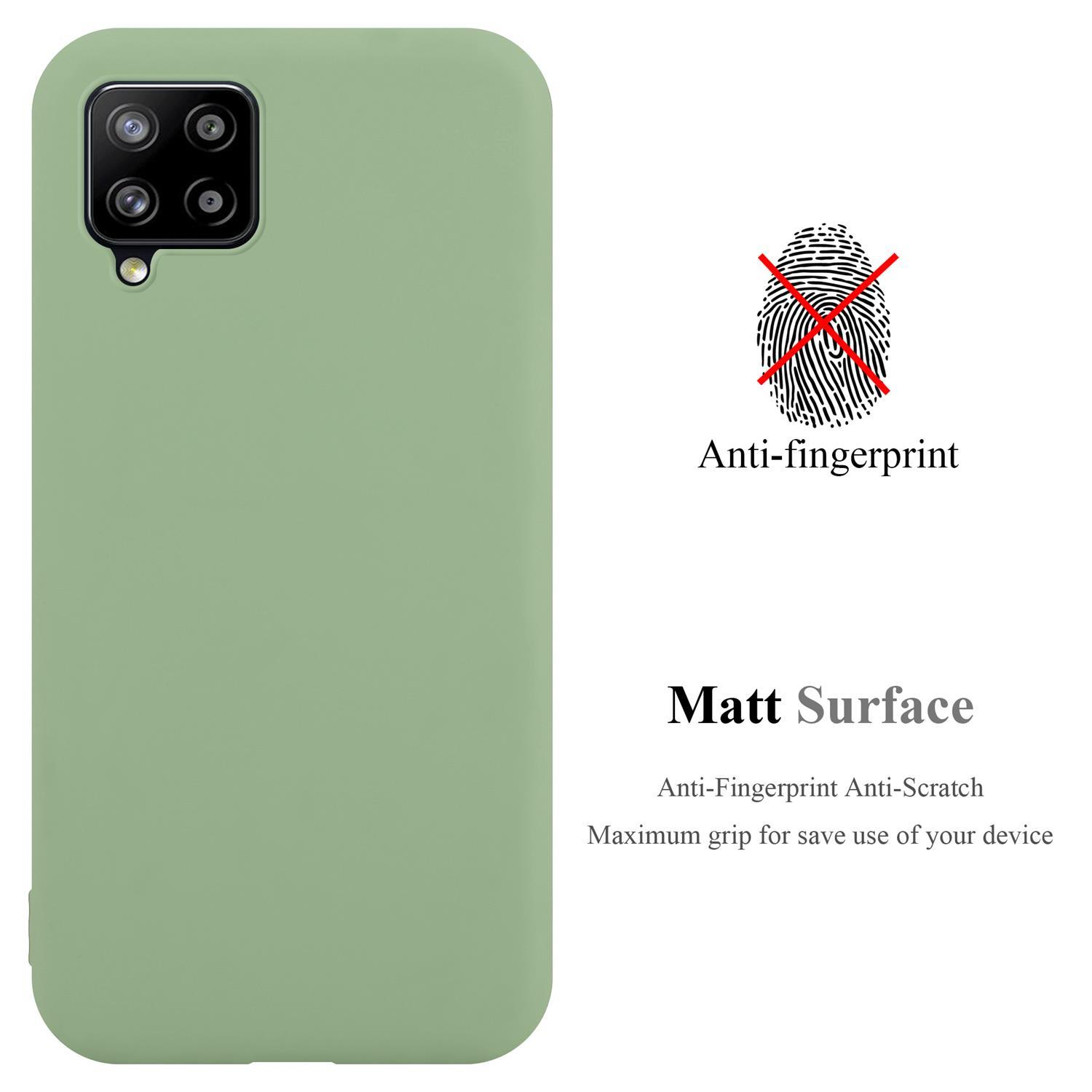 Una custodia verde per telefono con testo anti-impronte e superficie opaca. Una croce rossa è sull'impronta digitale.
