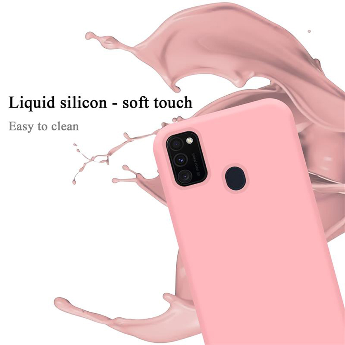 Eine rosa Handyhülle mit schwarzer Kamera und schwarzem Kreis. Text: Flüssigsilikon - Soft-Touch.