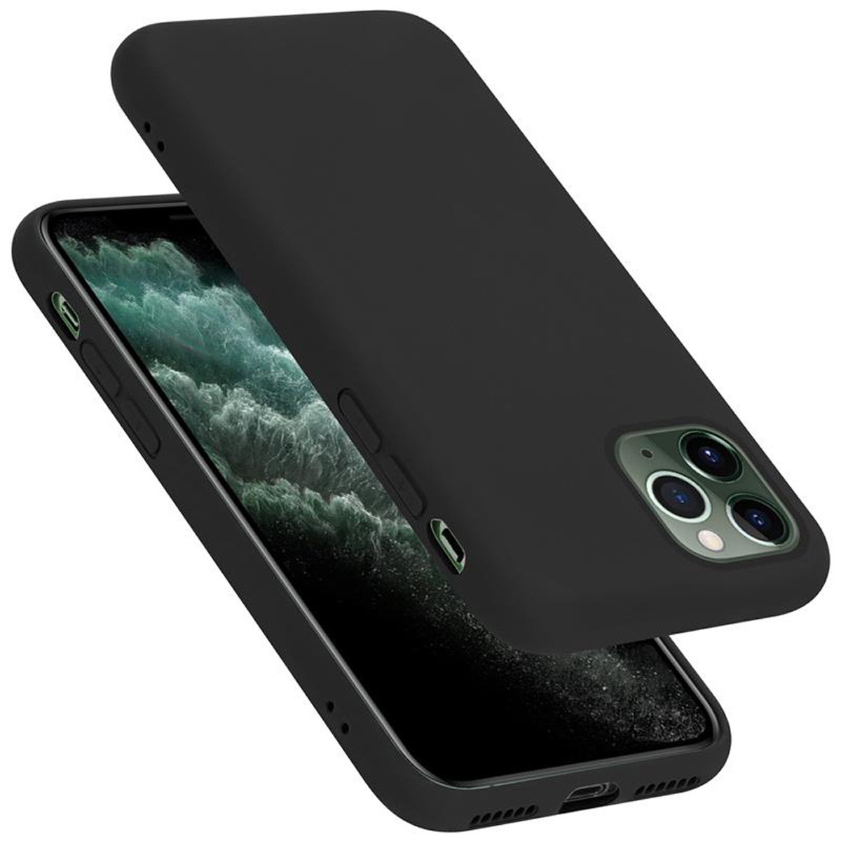 Schwarze Handyhülle mit schwarzem Telefon. Weißer Hintergrund. Mehrere Kameras und Blitz.