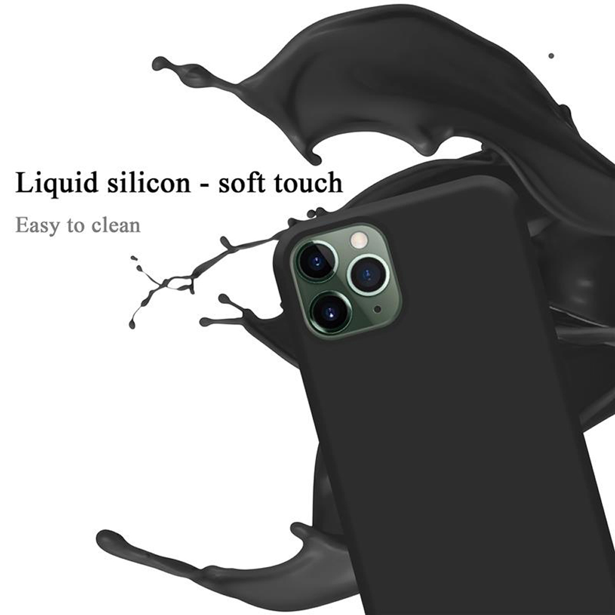 Schwarze Handyhülle mit Flüssigkeitsspritzer. Text lautet: 'Flüssigsilikon - Soft Touch, Leicht zu reinigen'.