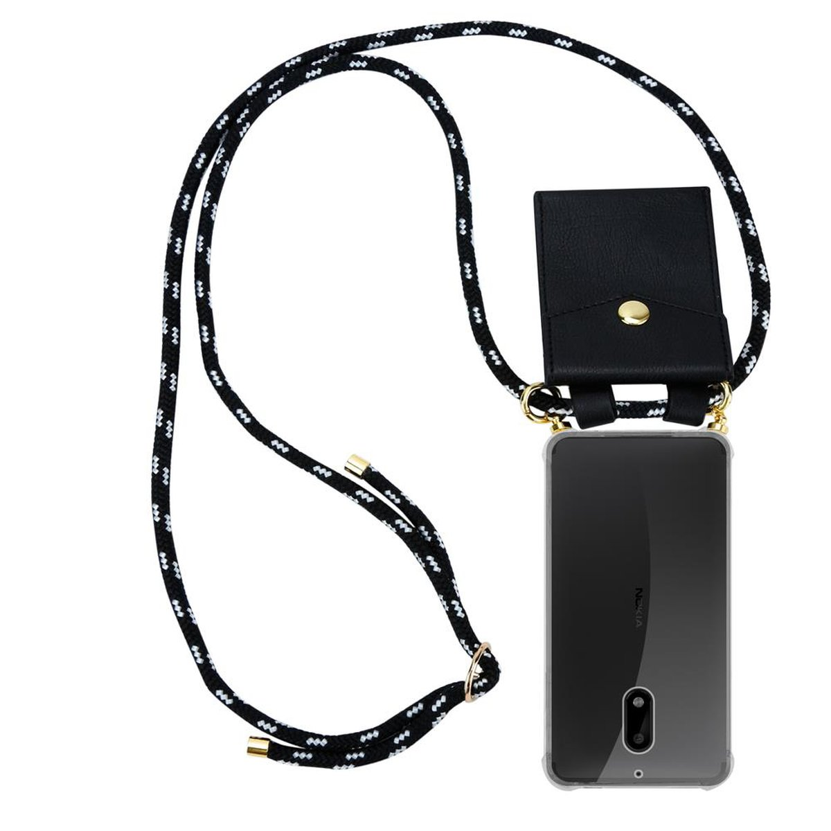 Handyhülle mit schwarz-weißer Kordel. Eine schwarze Tasche ist am Telefon befestigt. Weißer Hintergrund.