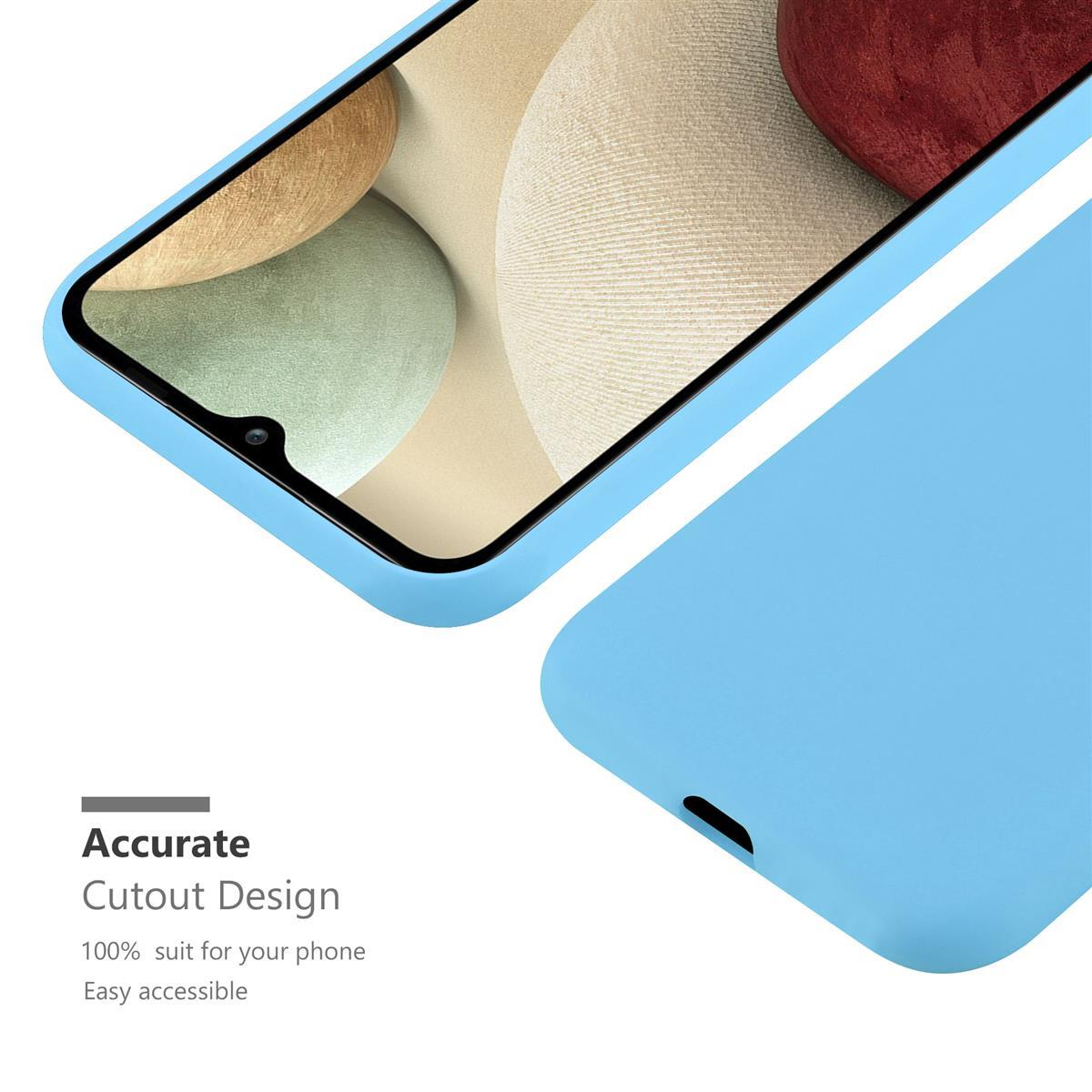 Handyhülle mit Telefon darin, die Hülle ist blau, mit weißem Hintergrund.