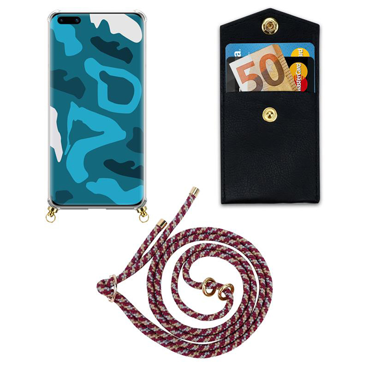CADORABO Handy Kette mit Gold Kordel Huawei, Ringen, PRO+, und P40 PRO WEIß Backcover, abnehmbarer / Hülle, P40 GELB Band ROT