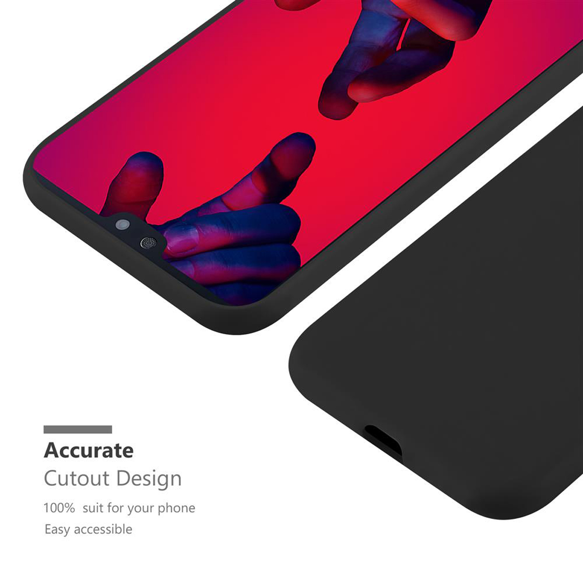 Custodia nera con schermo che mostra sfondo rosso e una mano.