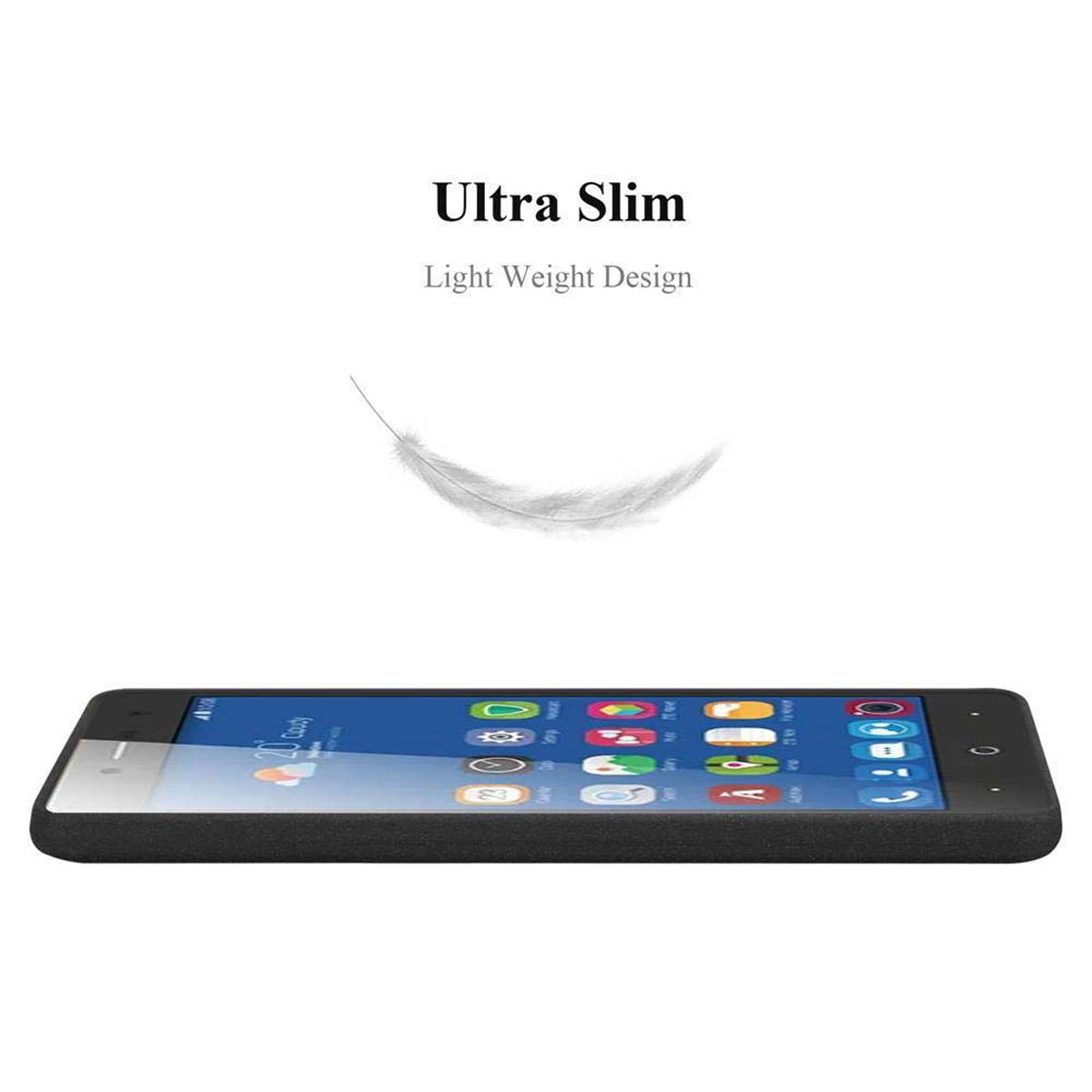 Un telefono in una custodia con la scritta 'Ultra Slim' e una grafica di piuma.