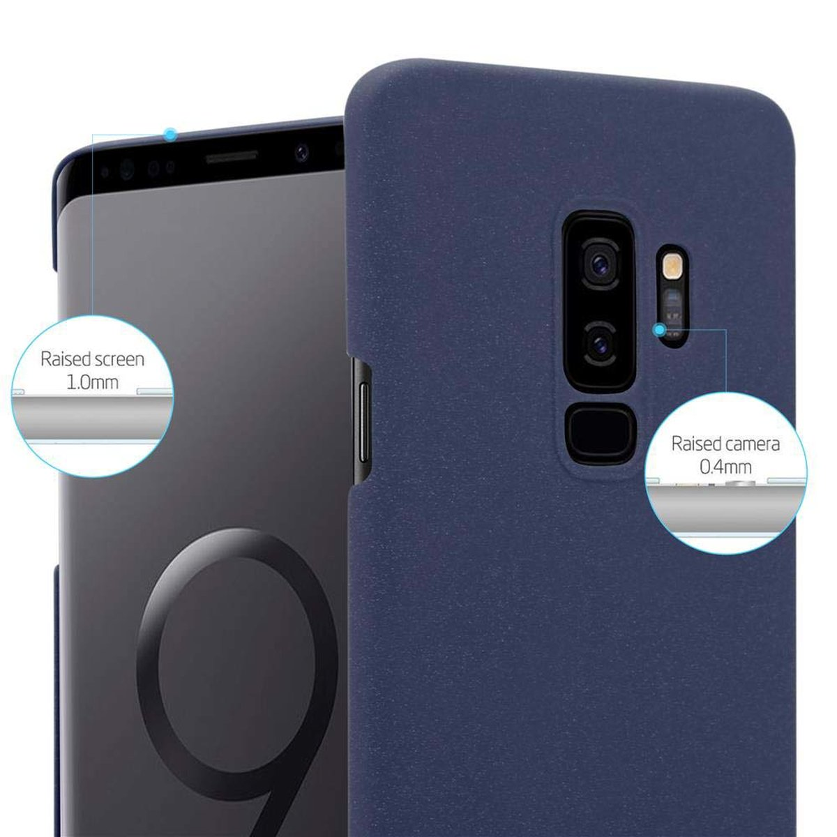 Blaue Handyhülle mit einem Telefon, das erhöhte Bildschirm- und Kameradetails zeigt.