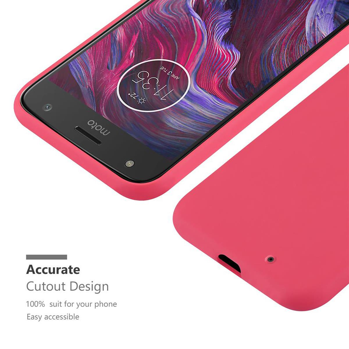 Primo piano di una custodia rosa su un telefono nero. Dettagli dello schermo e del lato della custodia visibili.