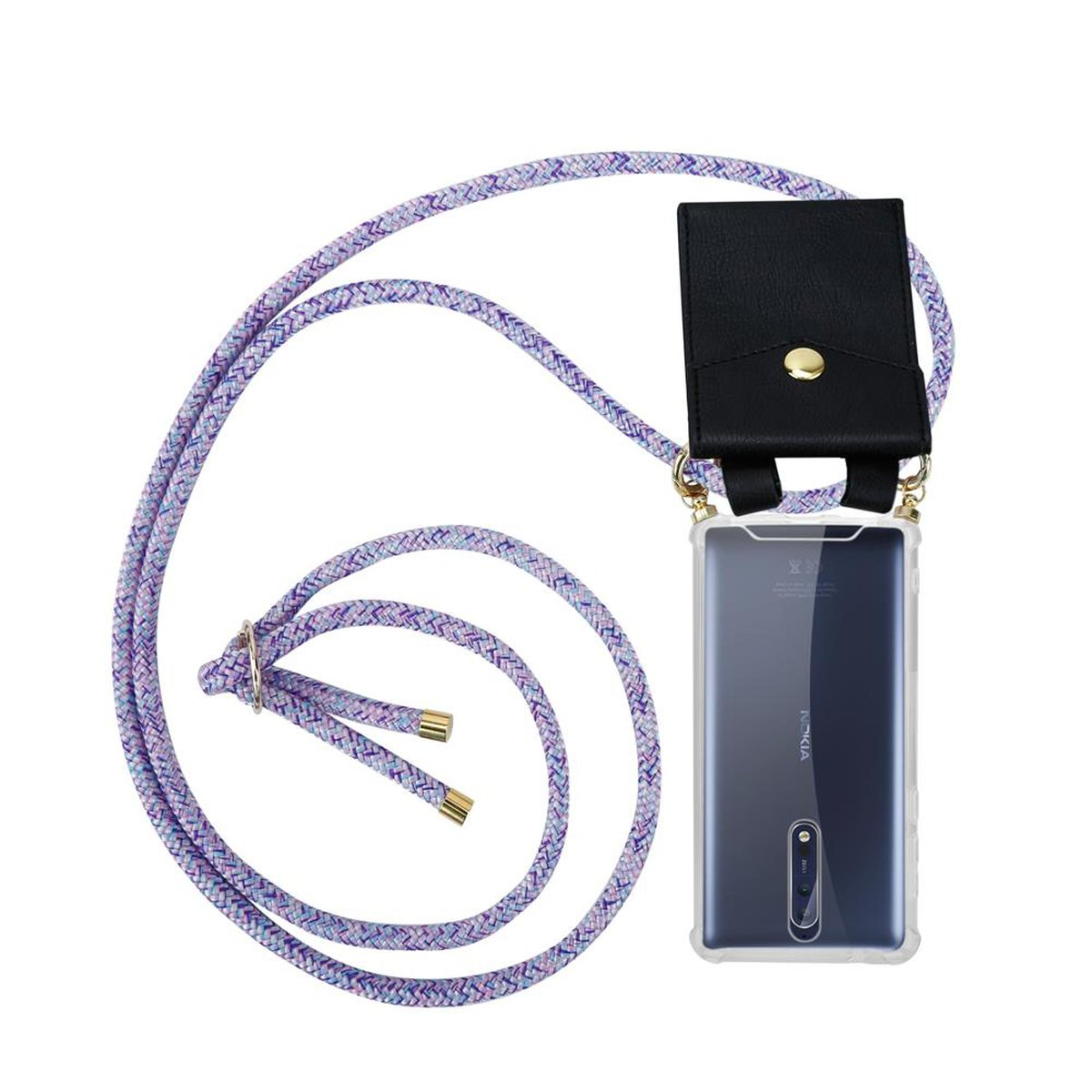 Ein Telefon mit einem lila und blauen Lanyard und einer schwarzen Ledertasche. Der Hintergrund ist weiß.