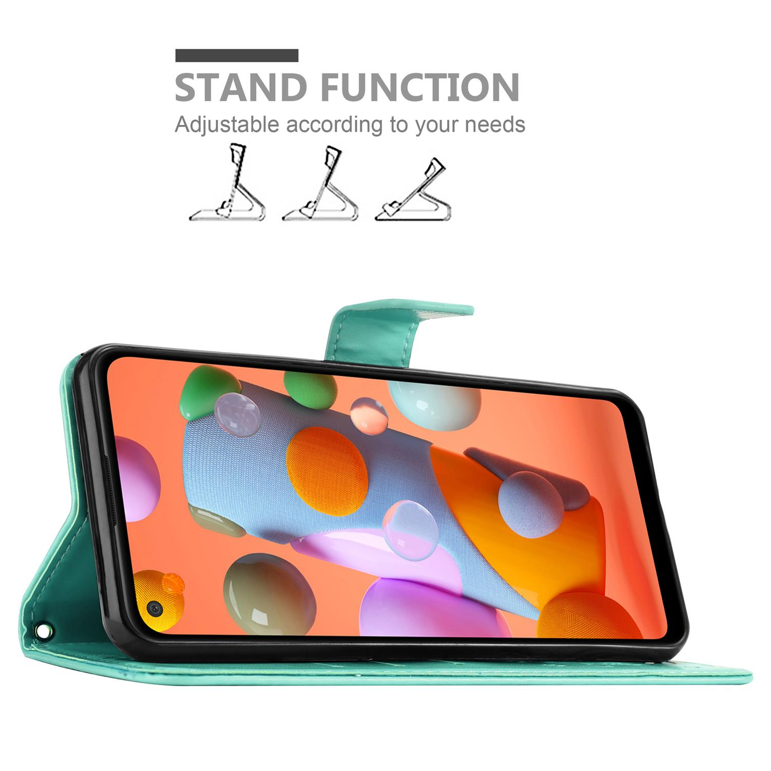 Telefono in una custodia verde acqua, che mostra un'immagine. La custodia può stare in piedi.