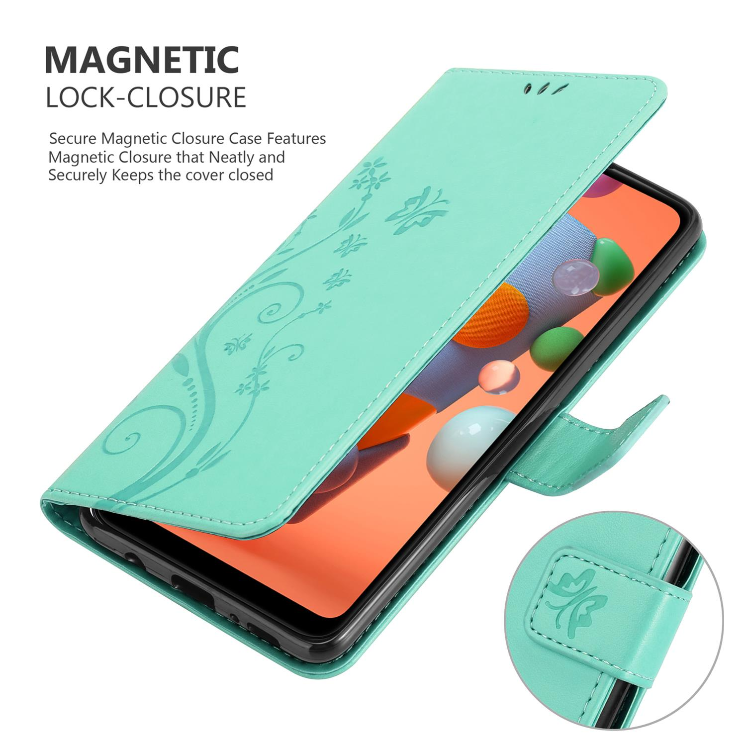 Una custodia per telefono con un design floreale e una chiusura magnetica. Il telefono è arancione.