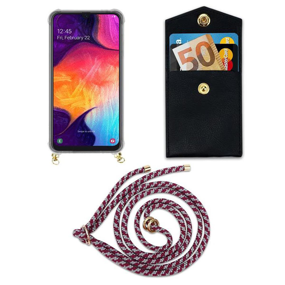 CADORABO Handy Kette mit Gold Band Hülle, und A30s, Samsung, / ROT WEIß Galaxy abnehmbarer 4G Backcover, Ringen, A50 Kordel A50s 