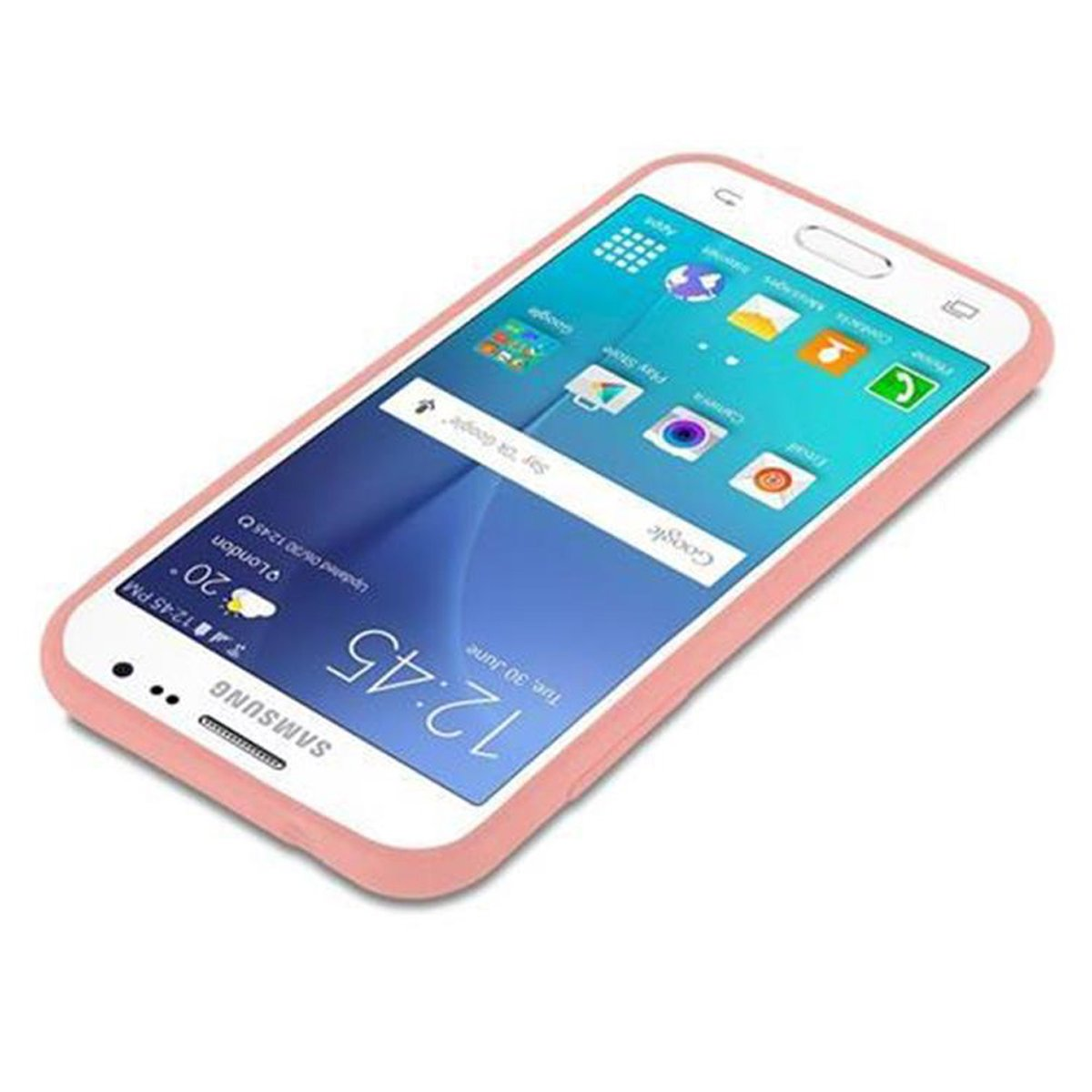 Custodia rosa per telefono su superficie bianca con telefono all'interno. Schermo visibile.