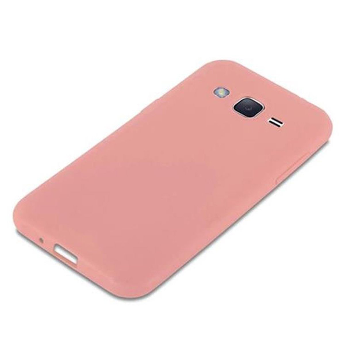 Una custodia rosa per telefono su sfondo bianco. È un design semplice e liscio.
