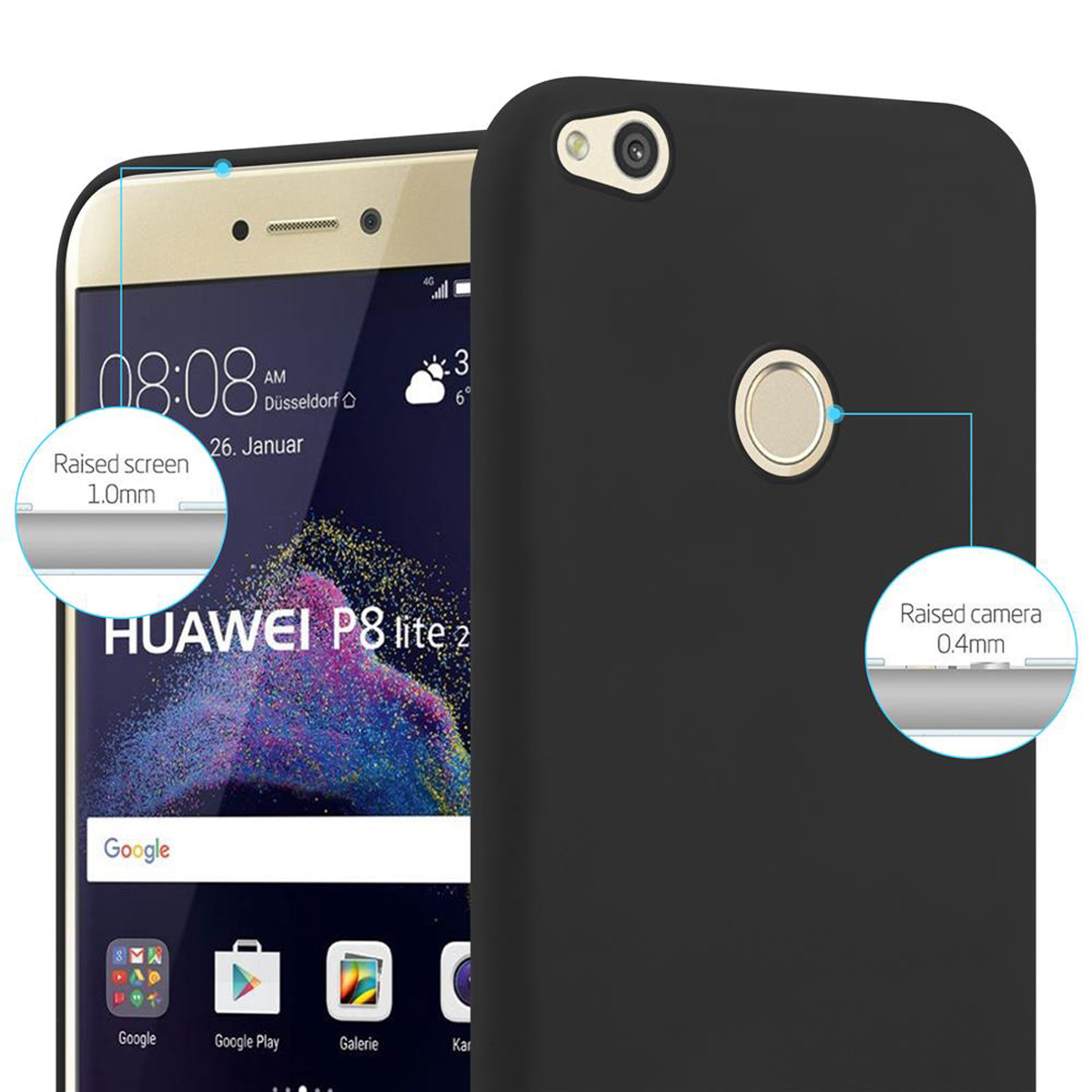 Primer plano de una pantalla de teléfono que muestra la hora. Junto a ella una funda negra.