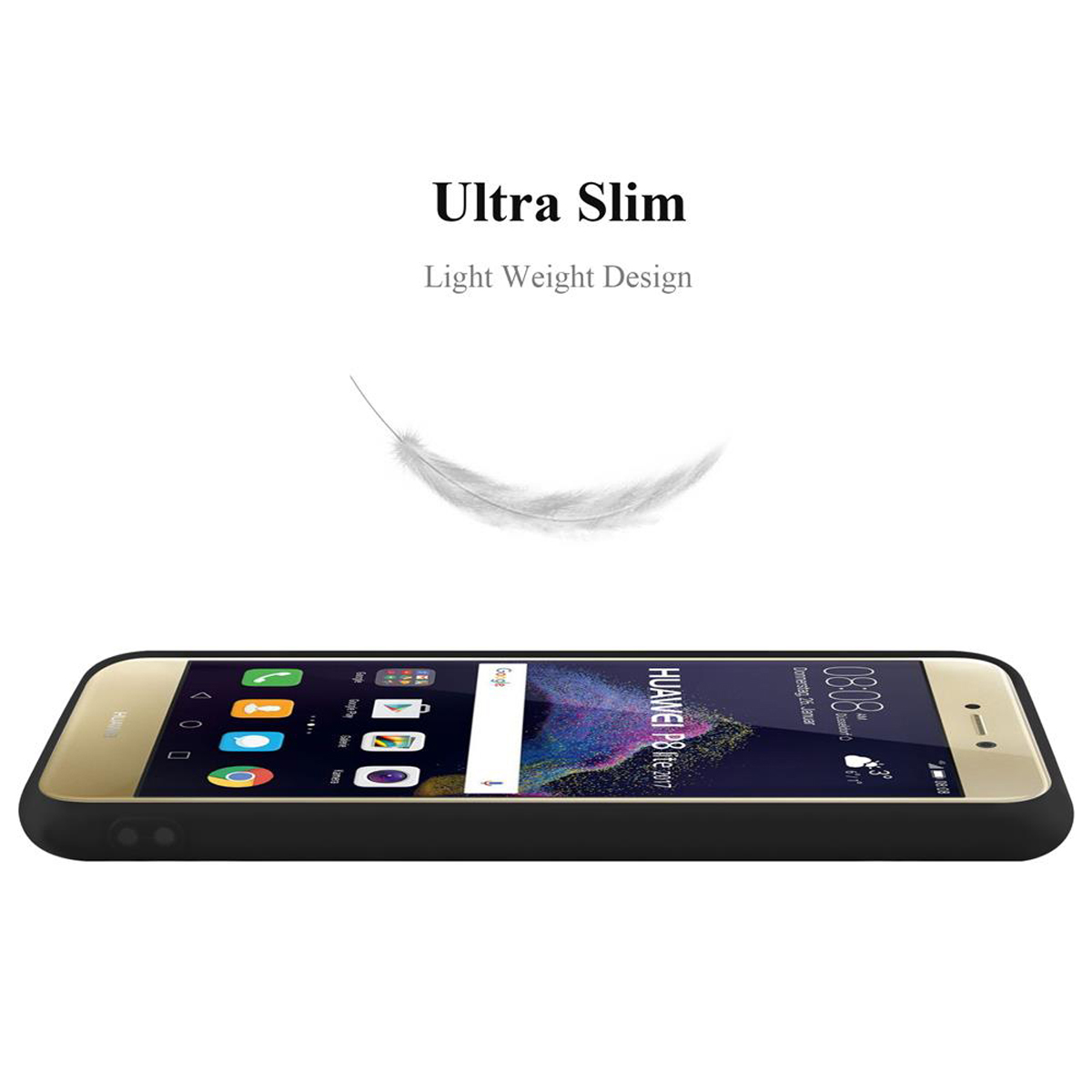 Teléfono en funda negra, con una pluma blanca delante. Diseño ultra delgado.