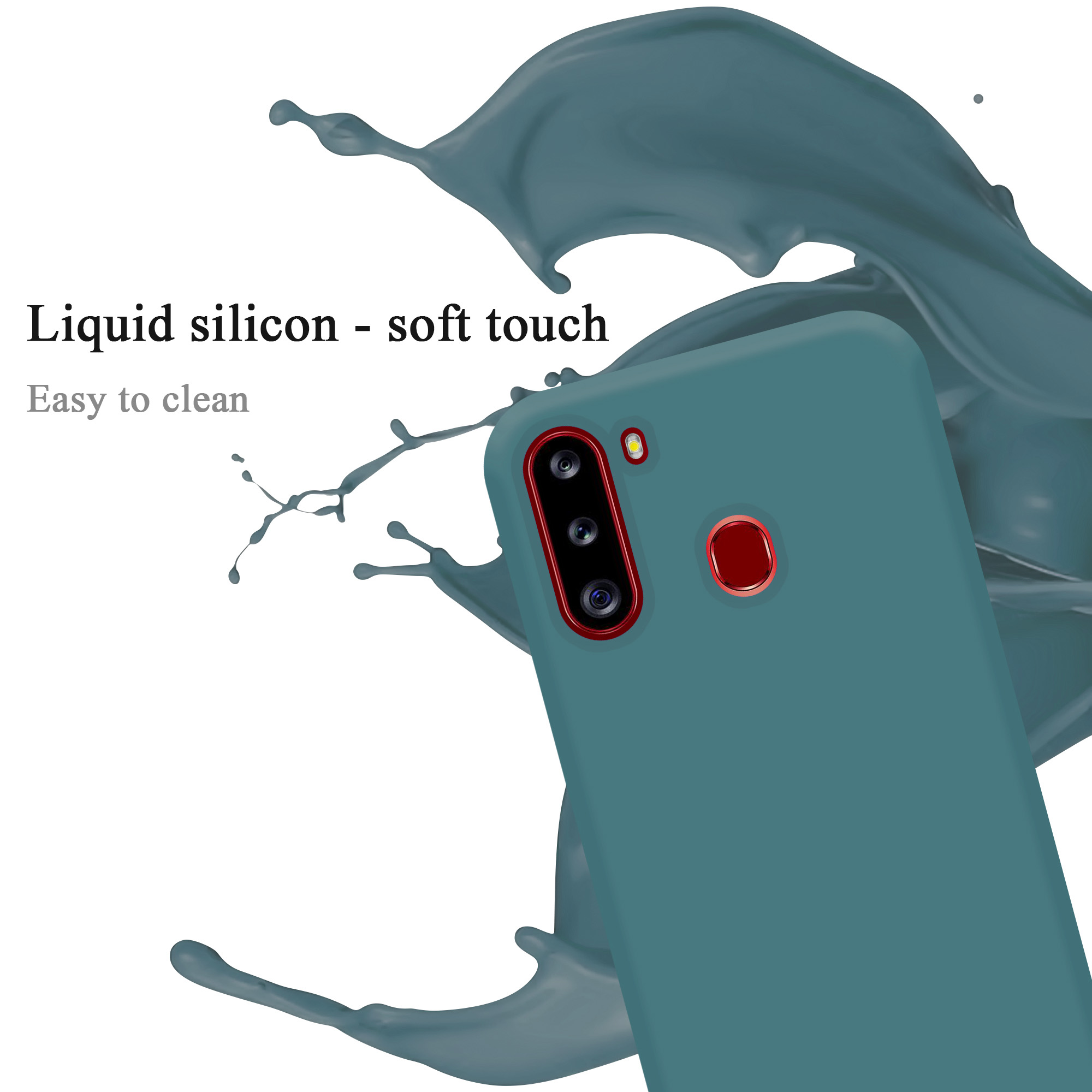 Una custodia blu per telefono con un telefono all'interno. Il testo recita Silicone liquido - tocco morbido e facile da pulire.