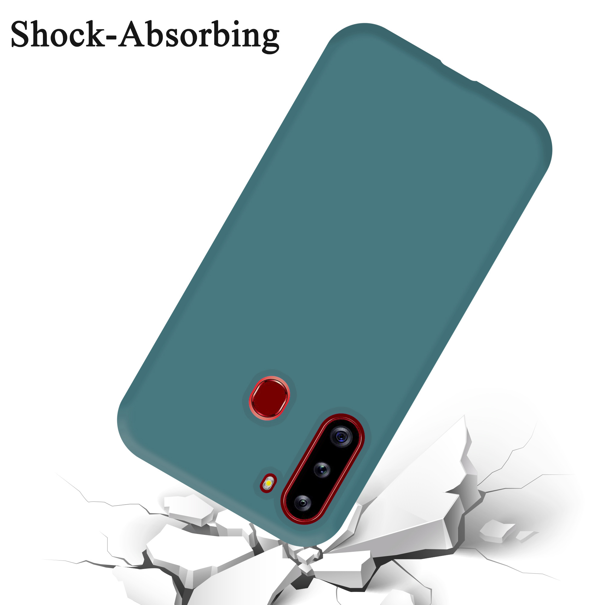 Una custodia teal per telefono su superficie bianca, con testo 'Shock-Absorbing' e terreno crepato.