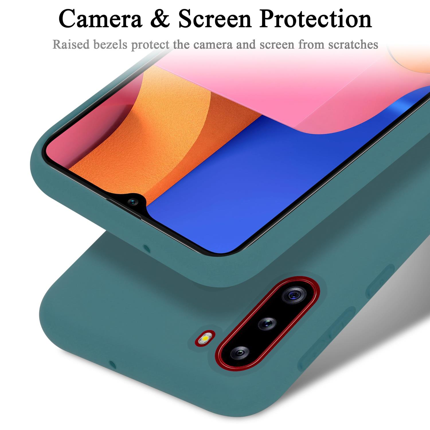 Due custodie per telefono. Una verde acqua, una blu. Il testo recita: 'Protezione fotocamera e schermo. Le cornici rialzate proteggono dai graffi.'