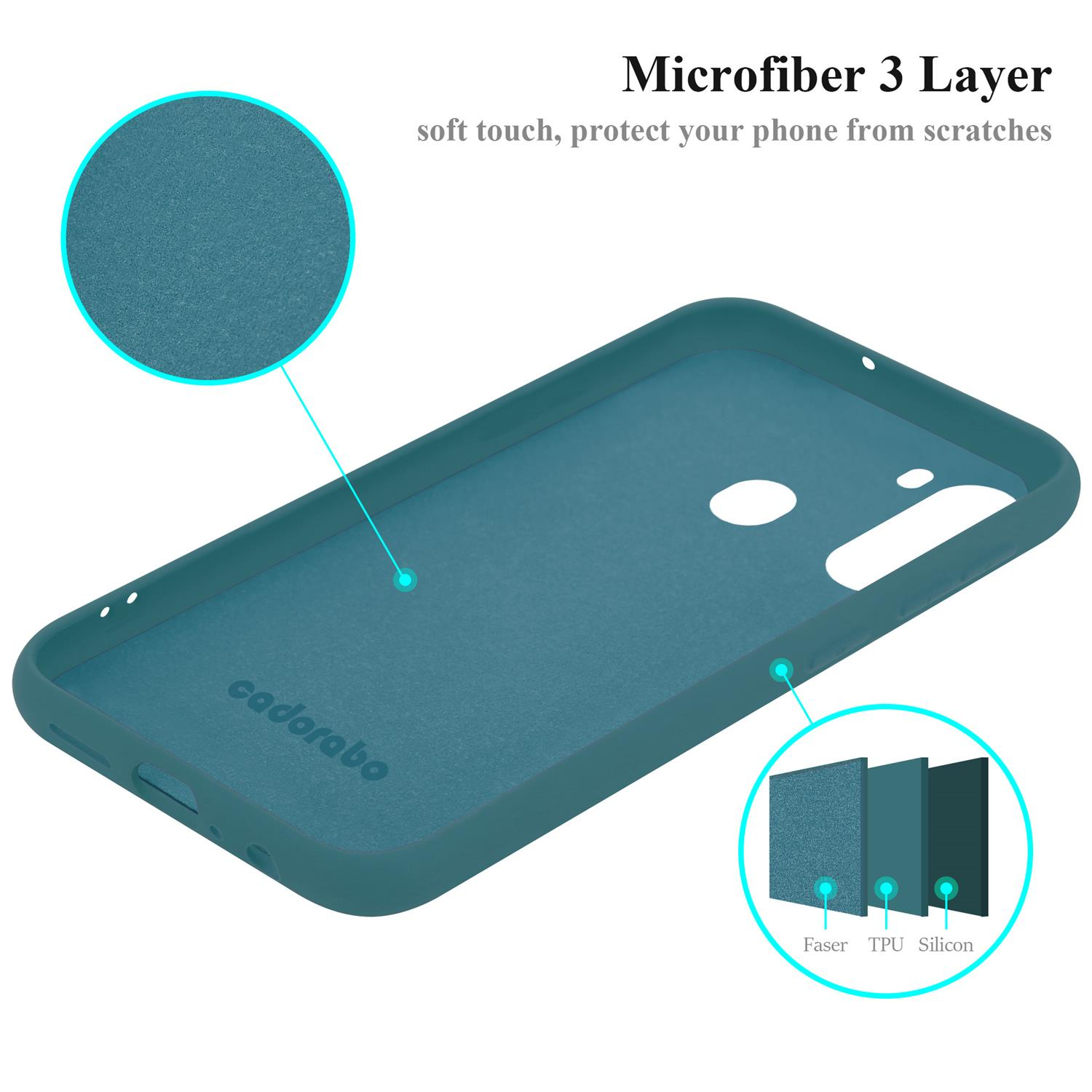 Custodia per telefono turchese con diagramma che mostra gli strati: Faser, TPU e Silicone.
