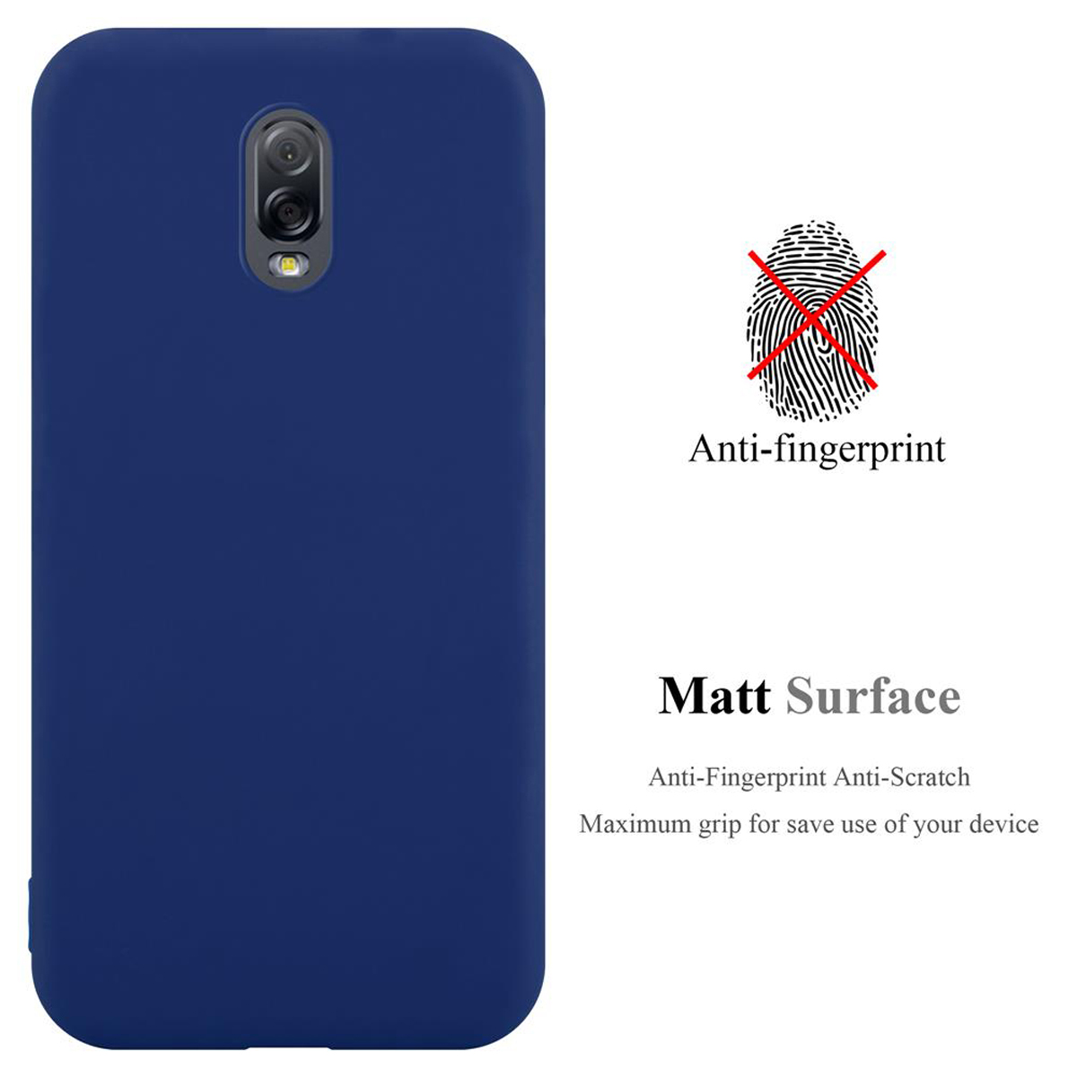 Una funda azul con un símbolo de huella dactilar roja y el texto 'anti-fingerprint' y 'matt surface'.