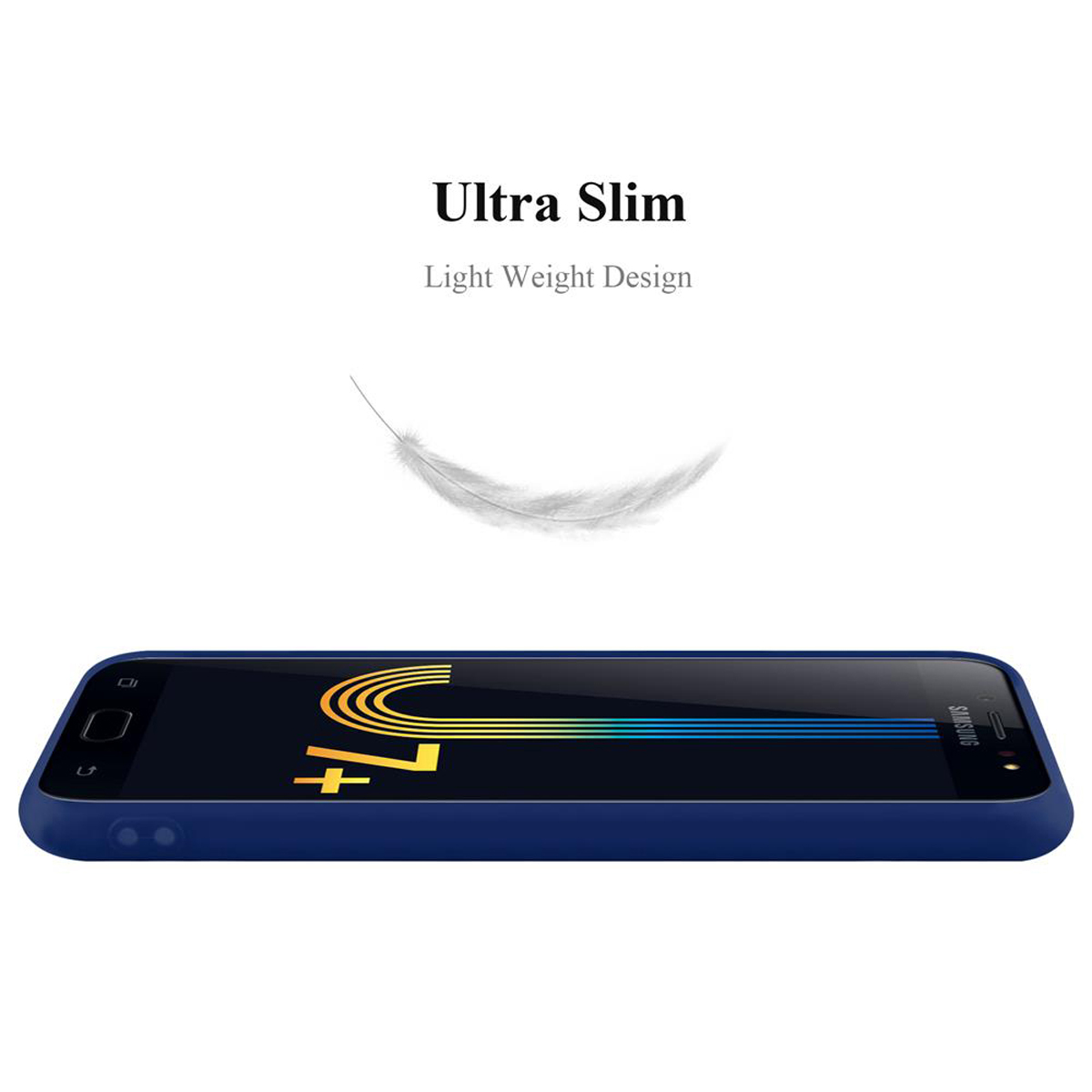Funda de teléfono azul con teléfono. Fondo blanco, texto Ultra Slim.