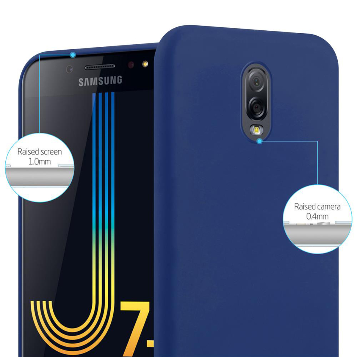 Funda azul para teléfono y teléfono. Las etiquetas indican las funciones de pantalla y cámara elevadas.