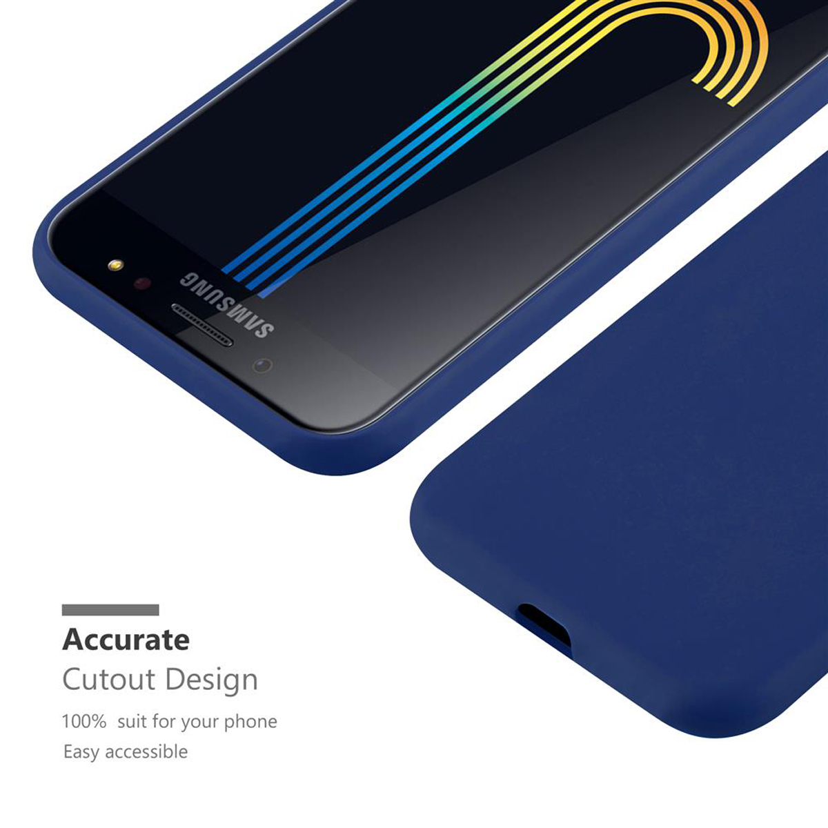 Un teléfono azul con una funda azul con un diseño recortado. El texto dice Diseño de recorte preciso.