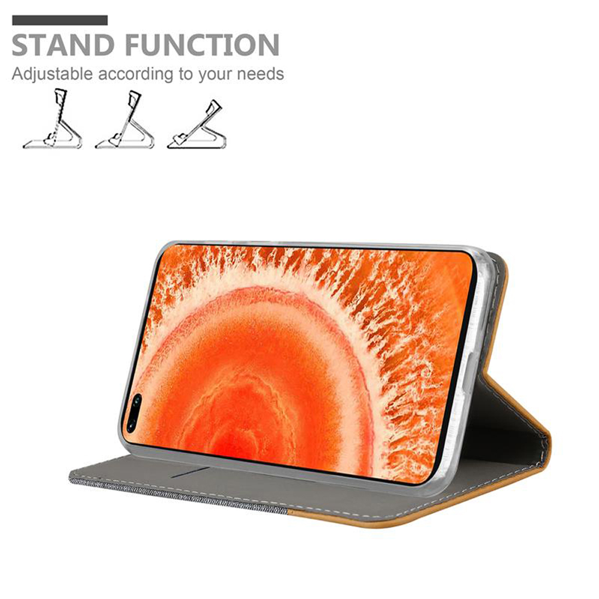 Telefono in una custodia che mostra la funzione stand, con testo 'STAND FUNCTION' e diagramma.