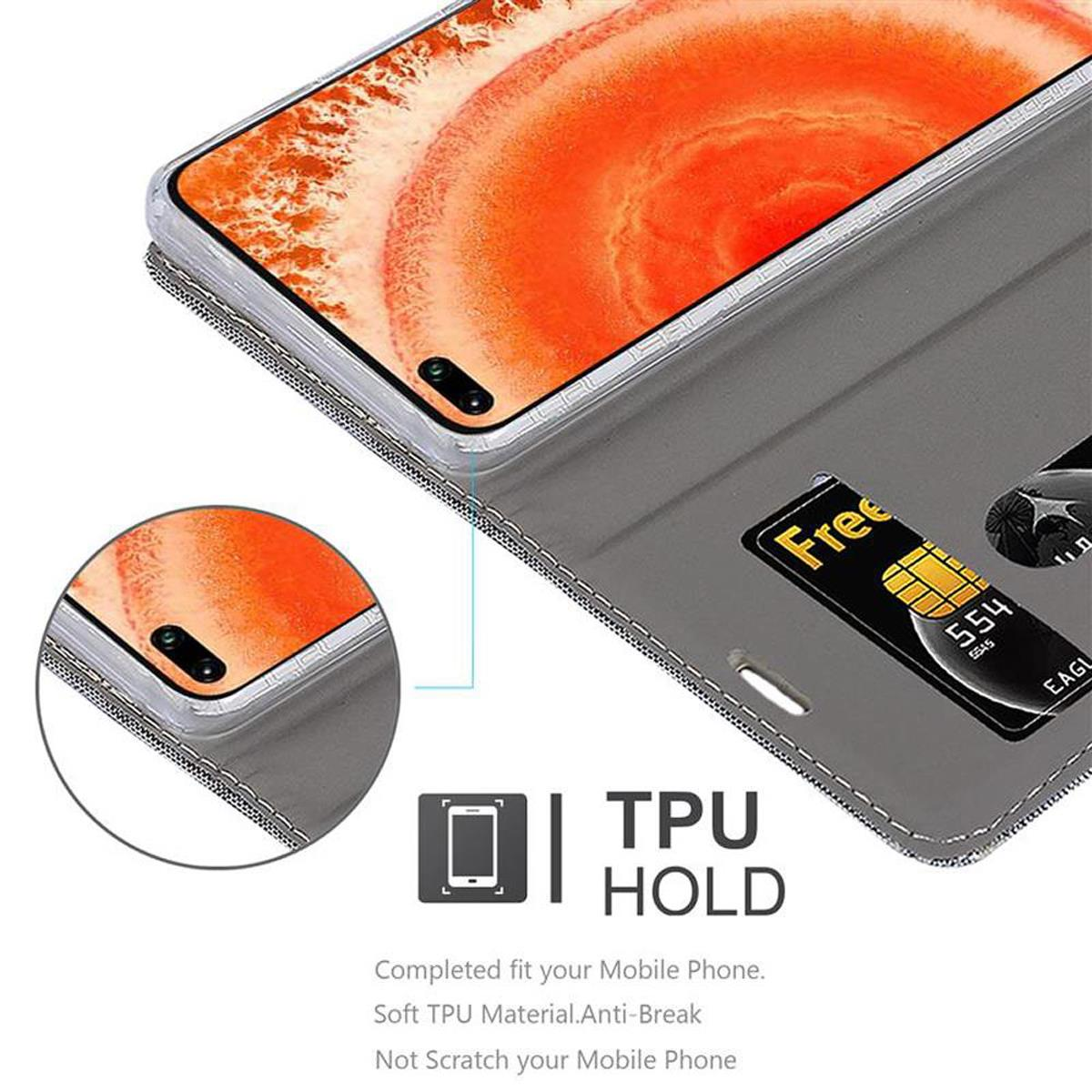 Una custodia per telefono con un telefono all'interno, con una carta di credito. Testo: 'TPU HOLD', 'Completed fit', 'Anti-Break'.