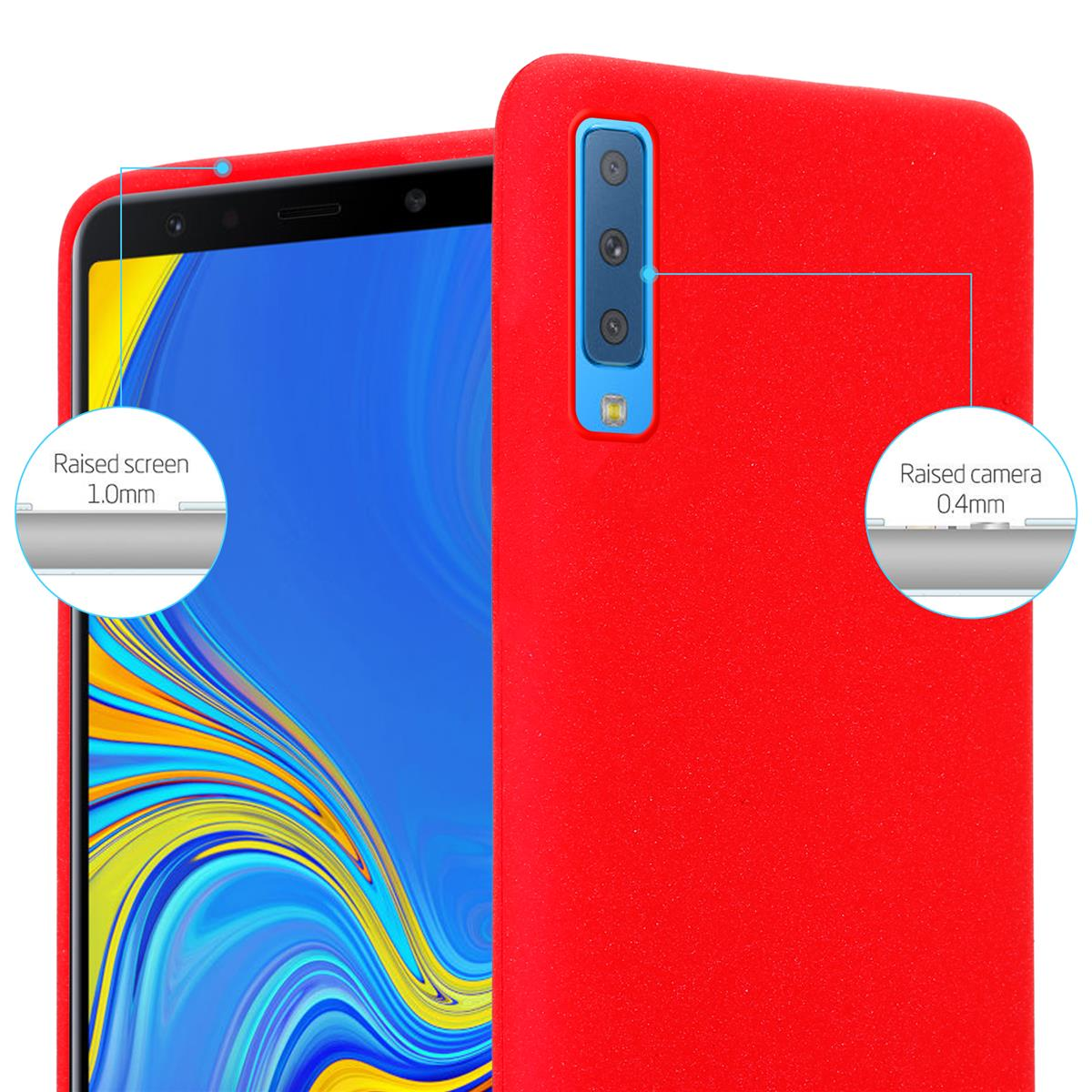 Custodia rossa per telefono con illustrazioni dei dettagli della fotocamera e dello schermo. Protezione schermo e fotocamera rialzata.