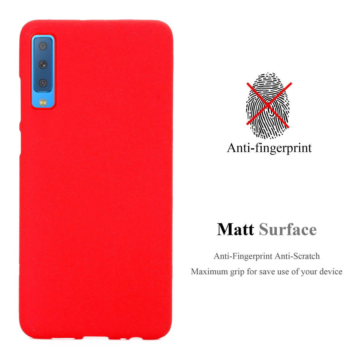 Custodia per telefono rossa con impronta digitale e testo, sfondo bianco.