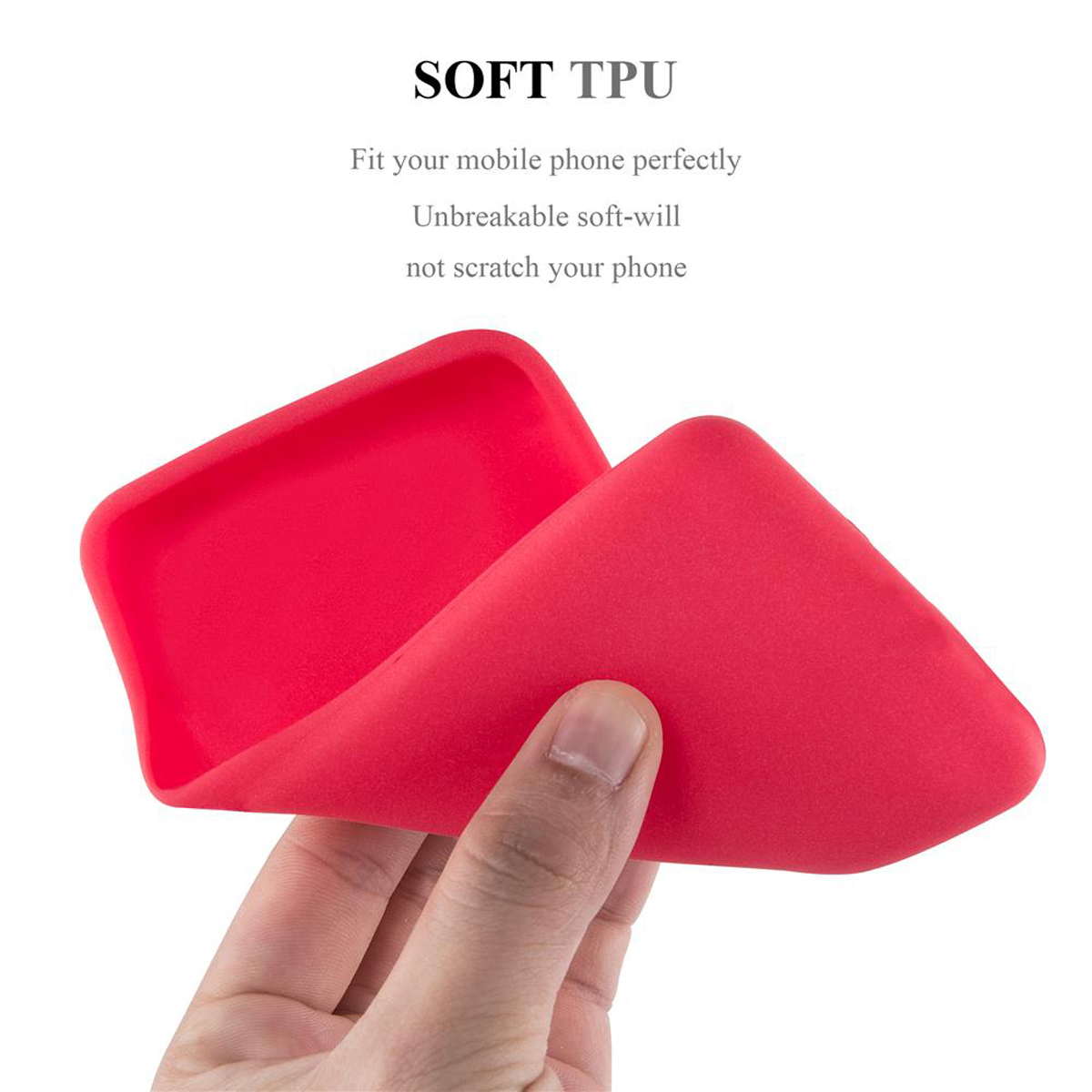 Custodia per telefono rossa, flessibile. Una mano tiene la custodia. Testo: SOFT TPU.