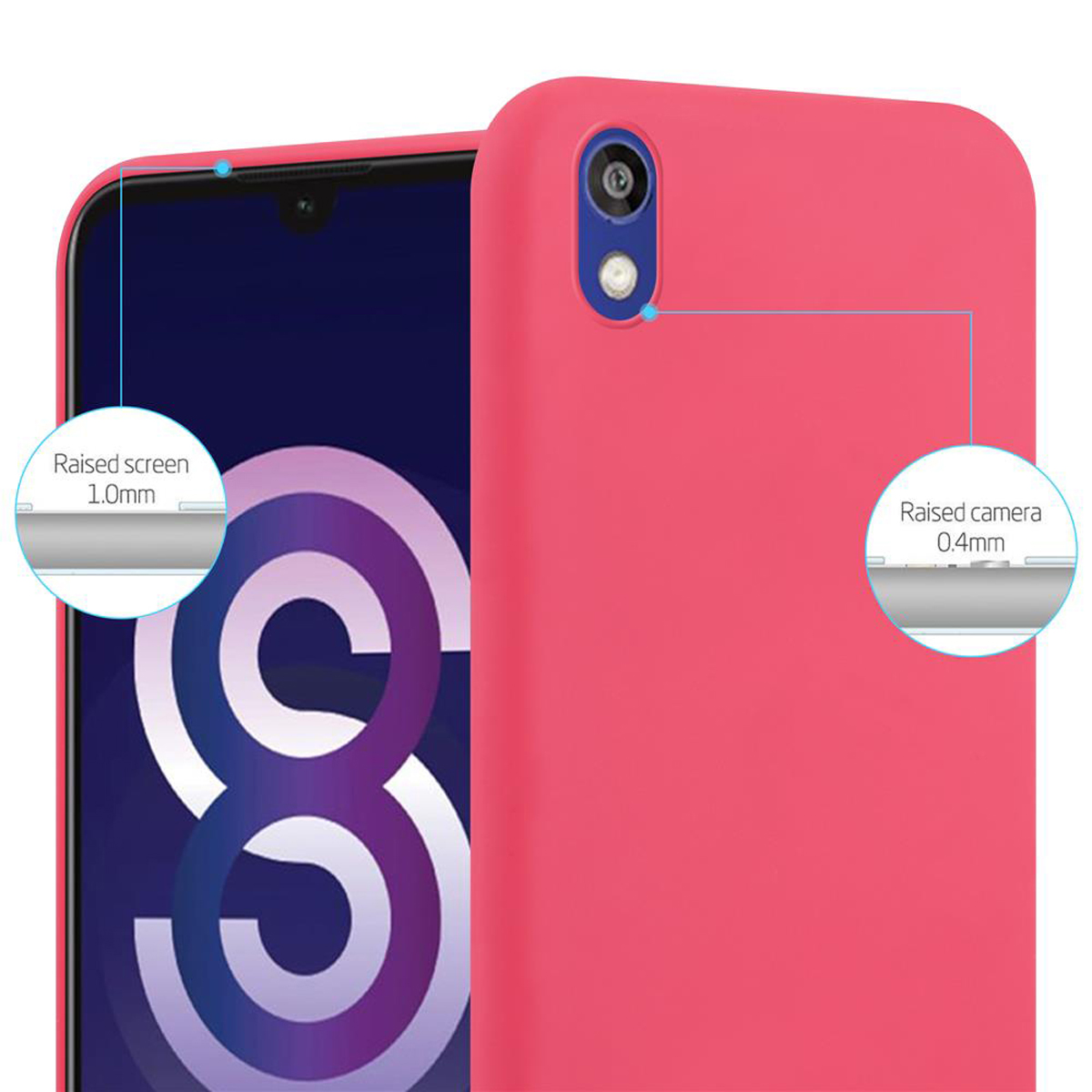Una custodia per telefono rosa con un telefono all'interno. I cerchi evidenziano lo schermo e la fotocamera rialzati.