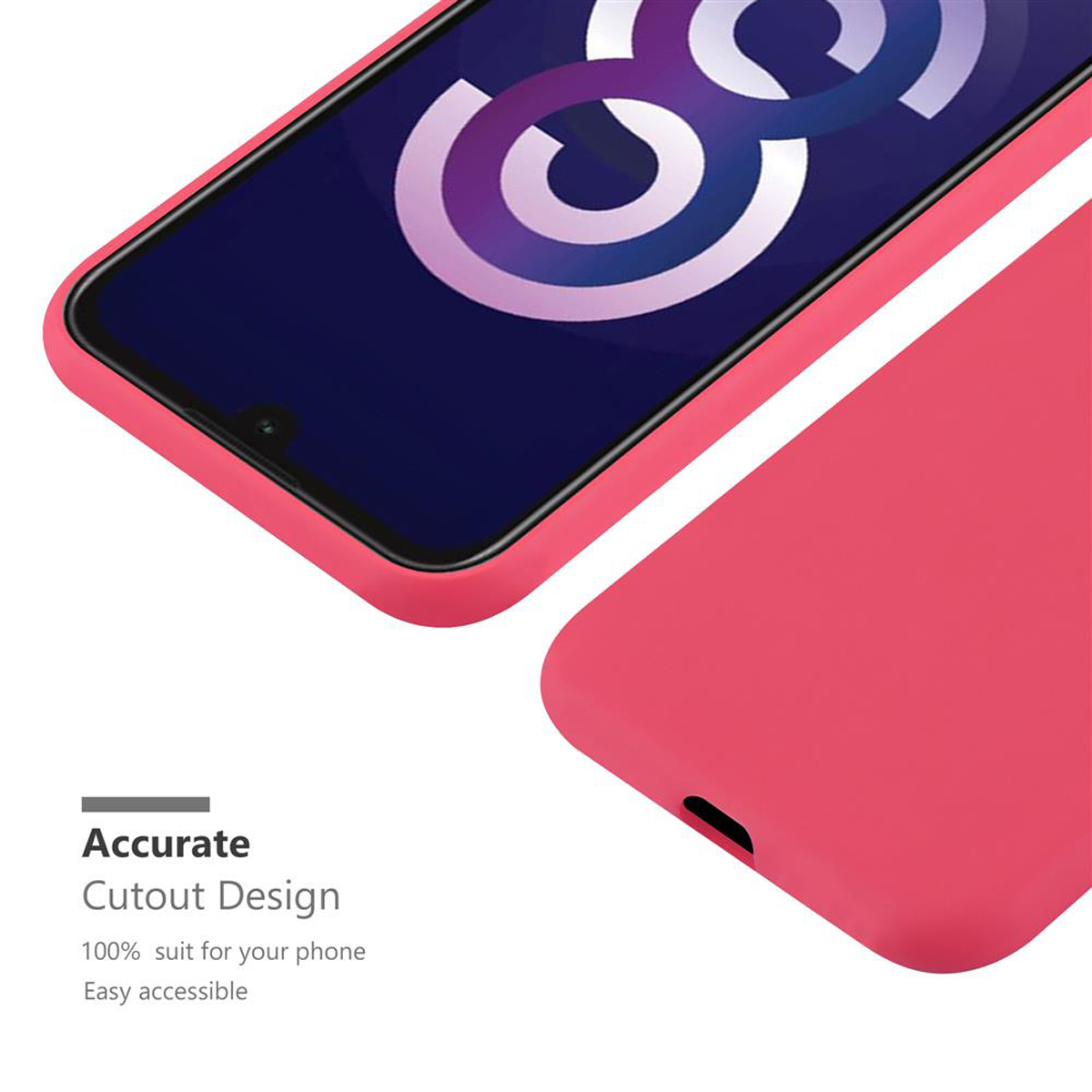 Una custodia rosa per telefono su sfondo bianco. Un telefono è all'interno della custodia. Il testo dice Accurate Cutout Design.