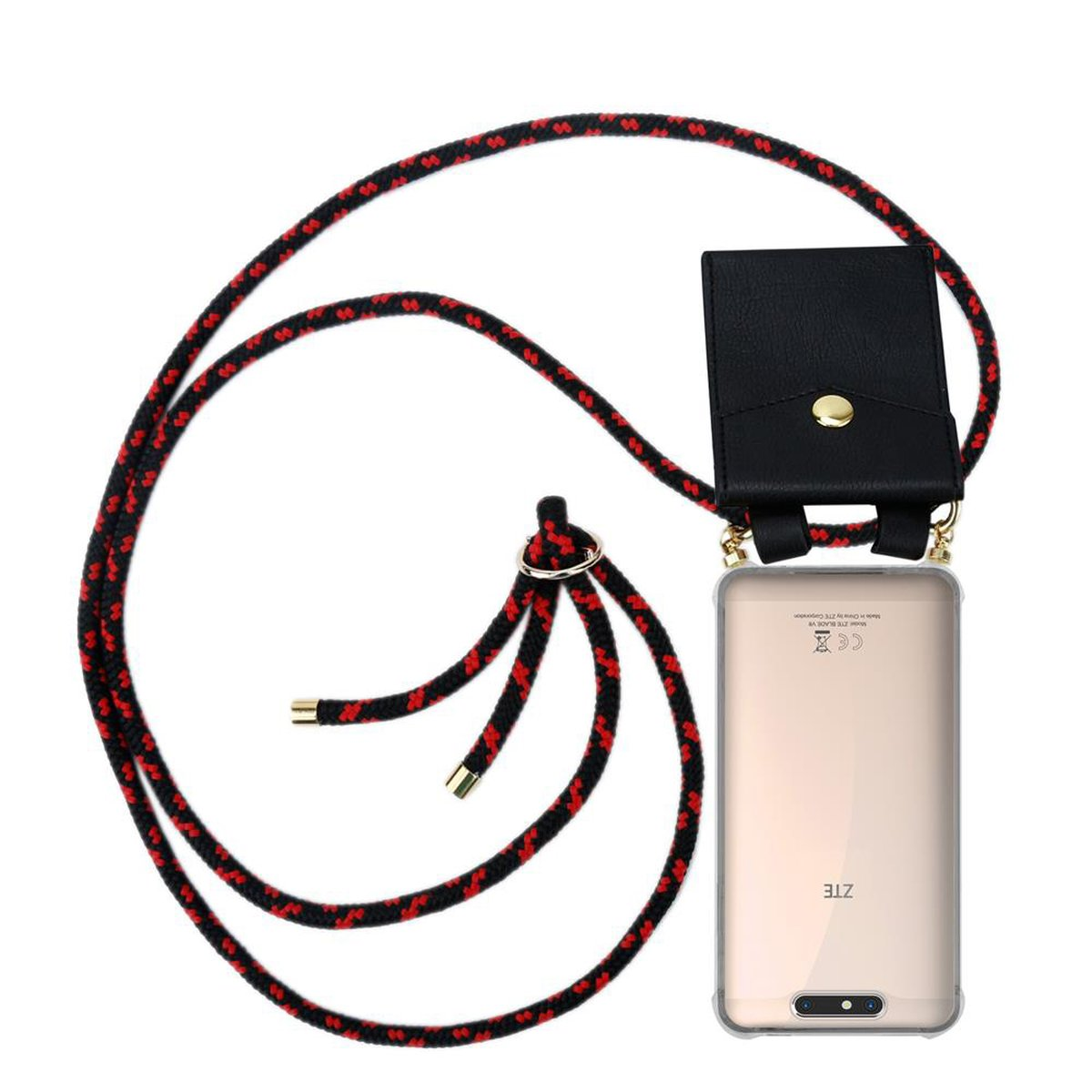 Telefon mit rotem Riemen und schwarzer Hülle.
