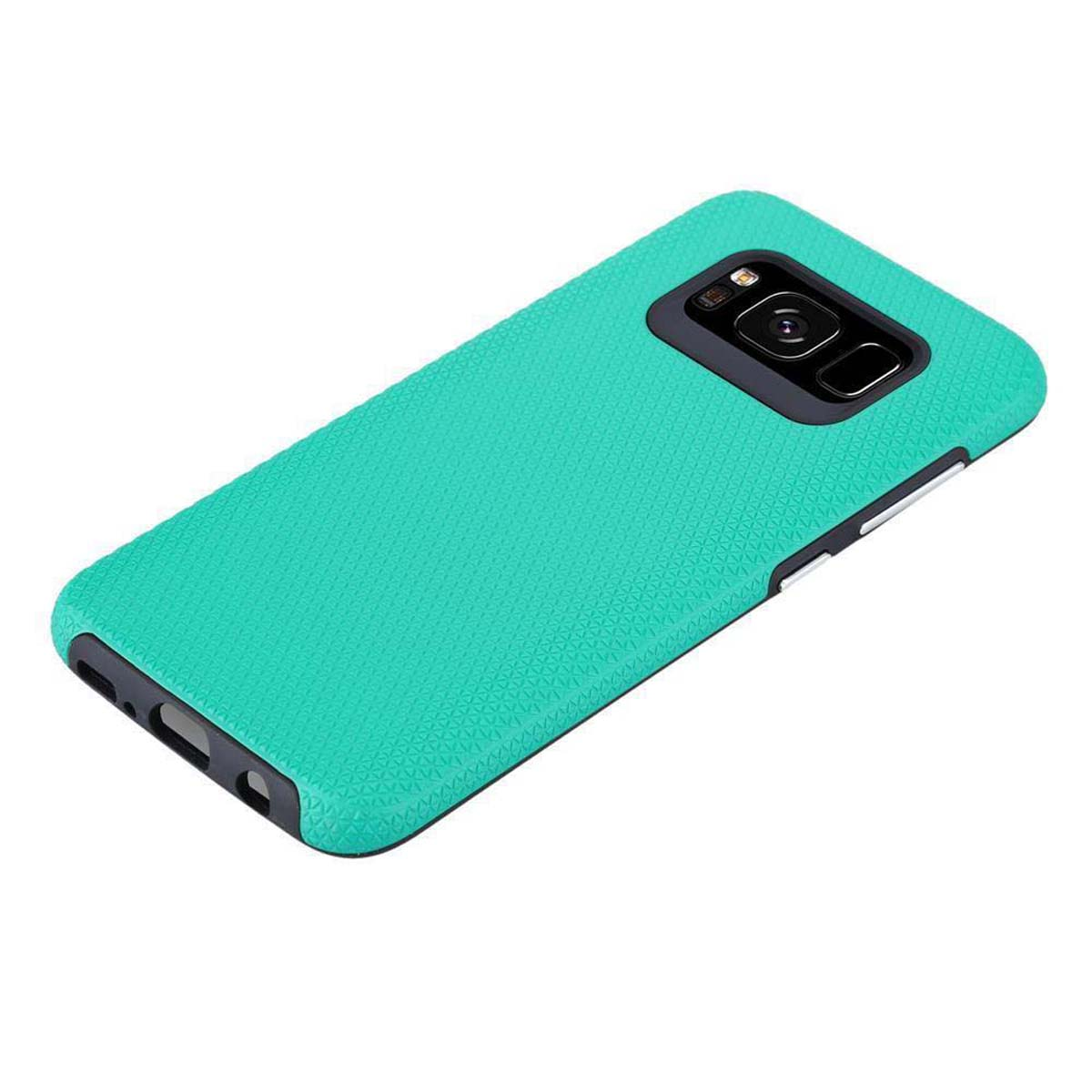 Una custodia per telefono color turchese con un design strutturato. È su uno sfondo bianco.