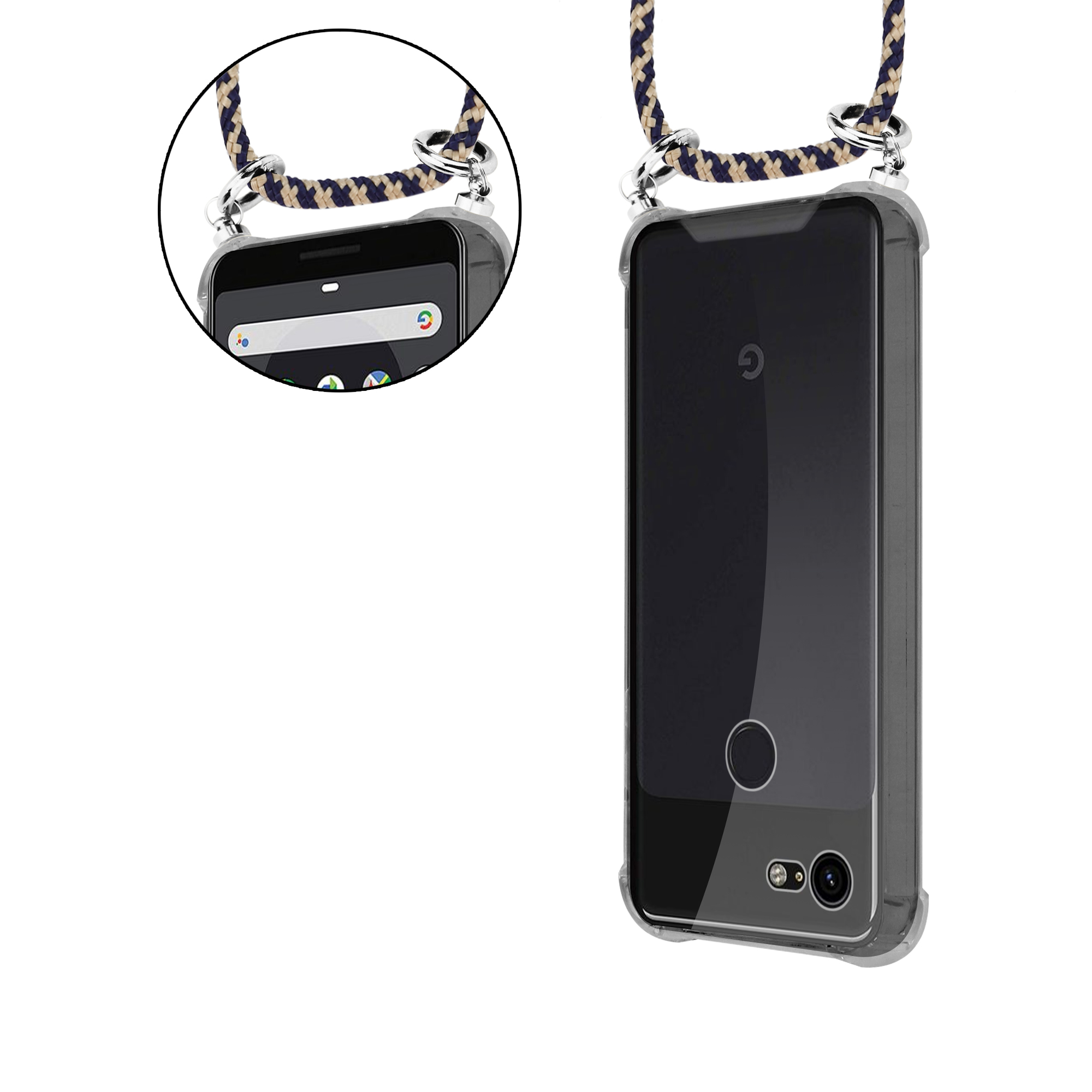 Telefon in einer transparenten Hülle mit Riemenbefestigungen. Klare Telefonhülle und Riemendetails.