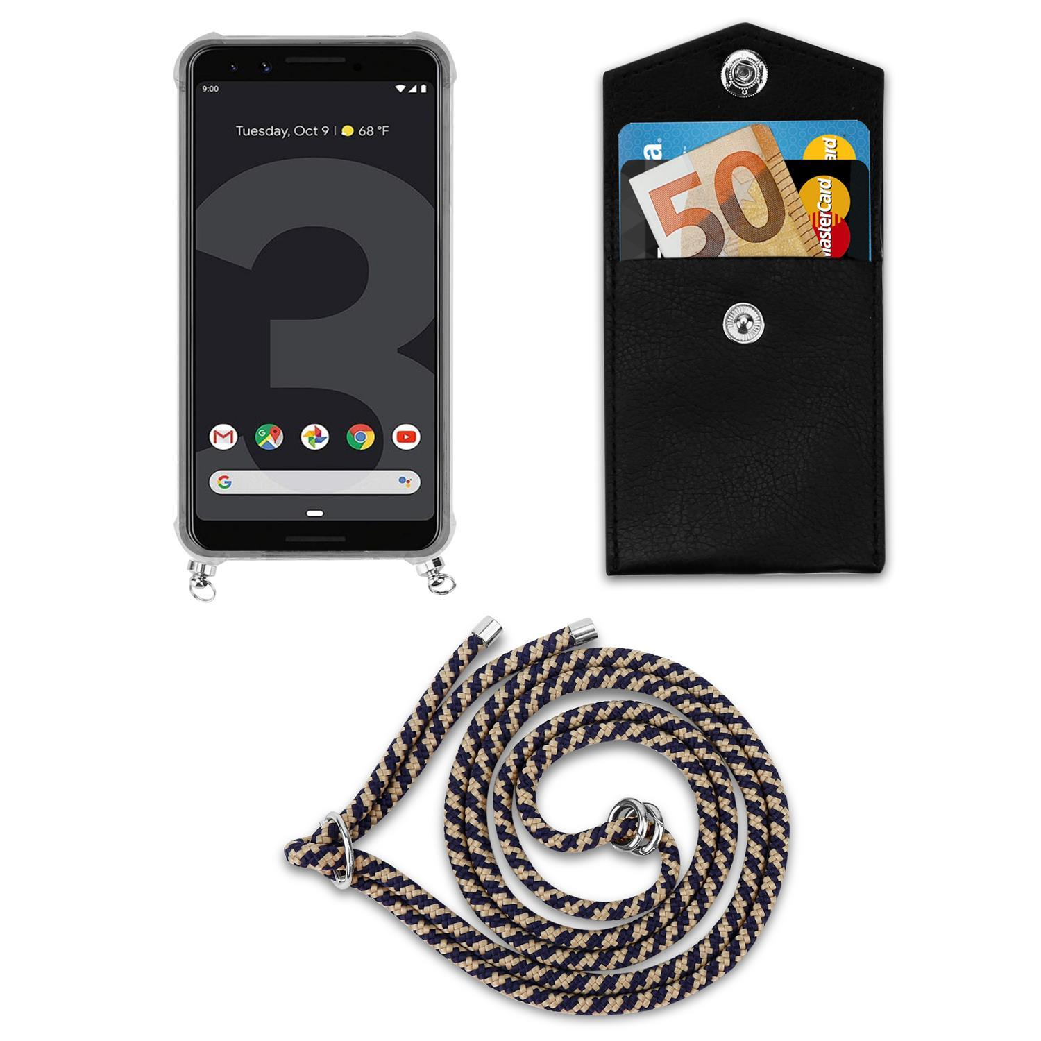 Telefon in einer durchsichtigen Hülle mit Schlüsselband und eine schwarze Hülle mit Karten. Der Hintergrund ist weiß.