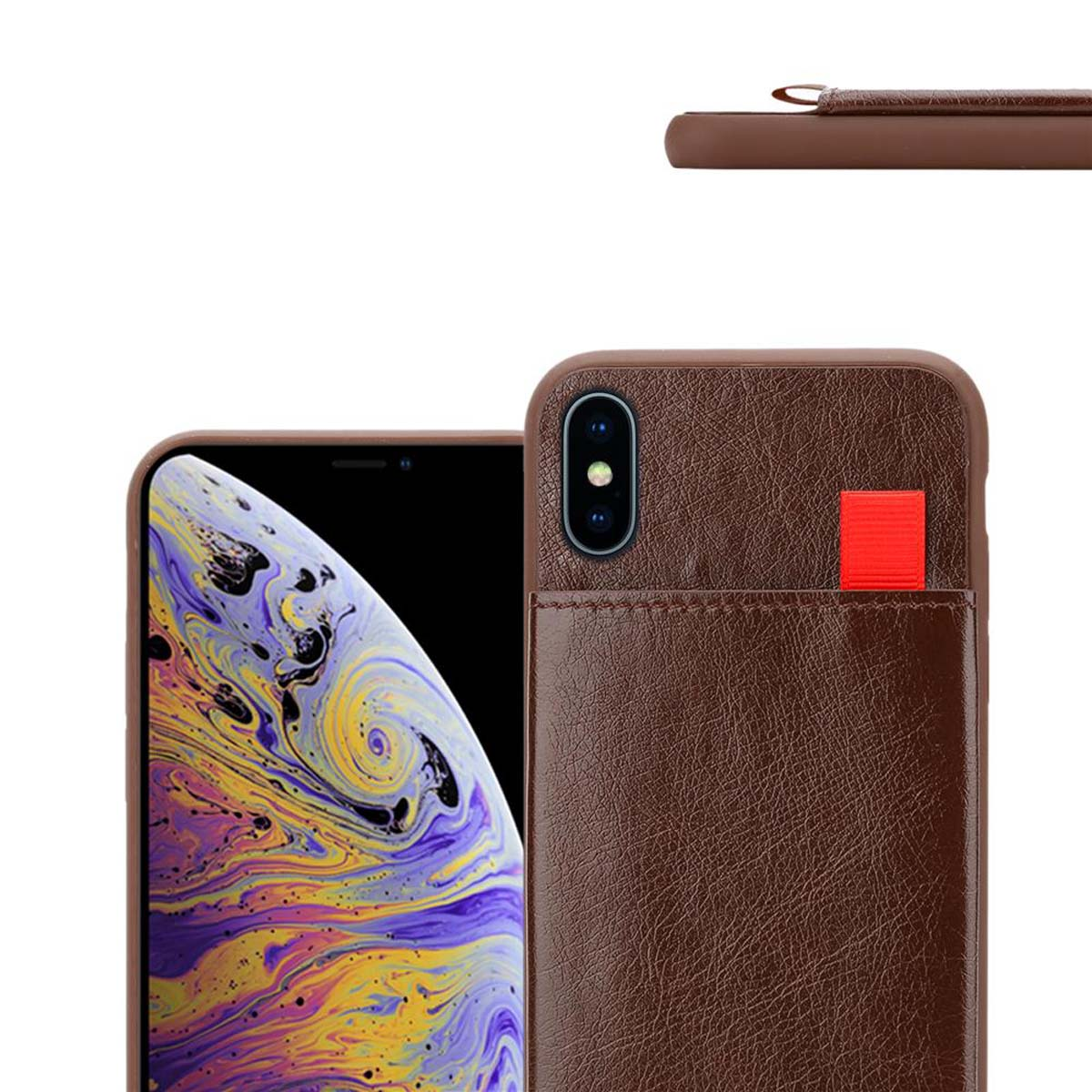 Custodia per telefono con texture simile alla pelle. La custodia è marrone con un accento rosso e uno slot per carte.