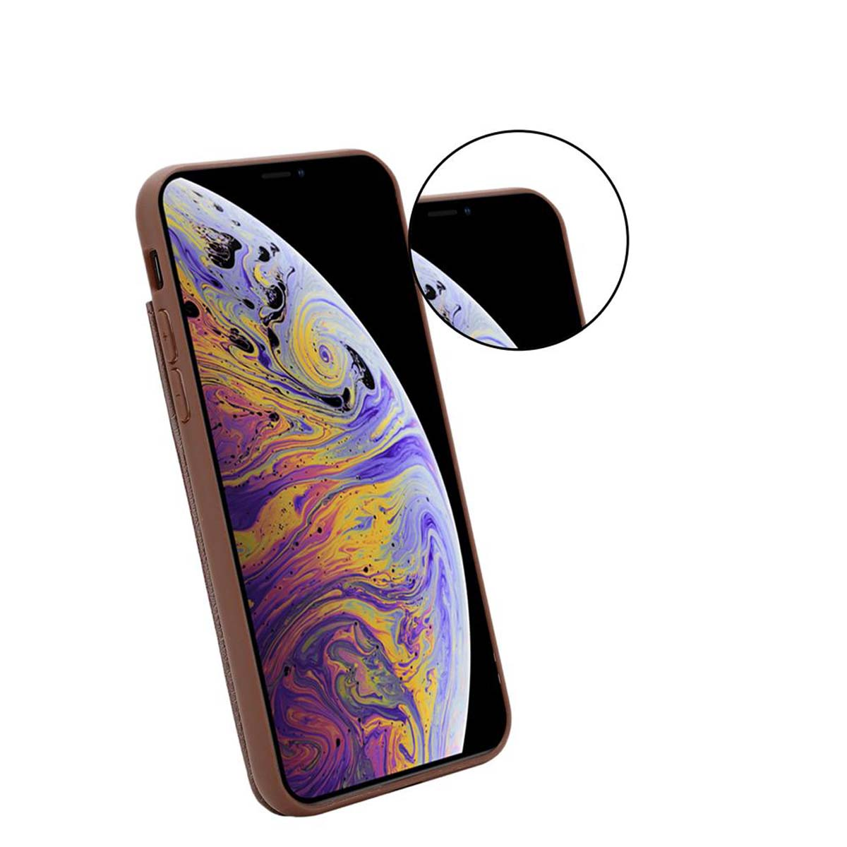 Un telefono in una custodia marrone. Un primo piano dello schermo è in un cerchio.