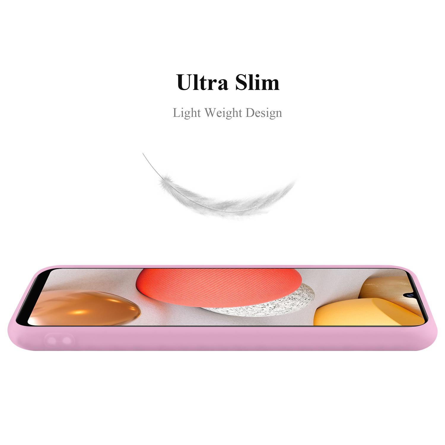 Custodia rosa con il testo Ultra Slim e un'immagine di una piuma. Il telefono è rosa.