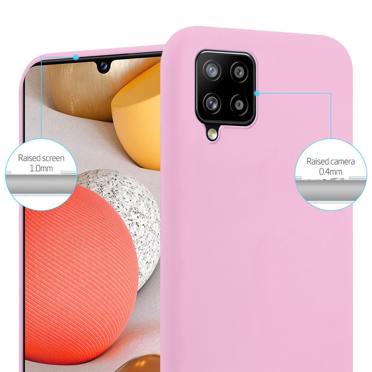 Custodia rosa, con testo sulla protezione dello schermo e della fotocamera. Sfondo bianco.