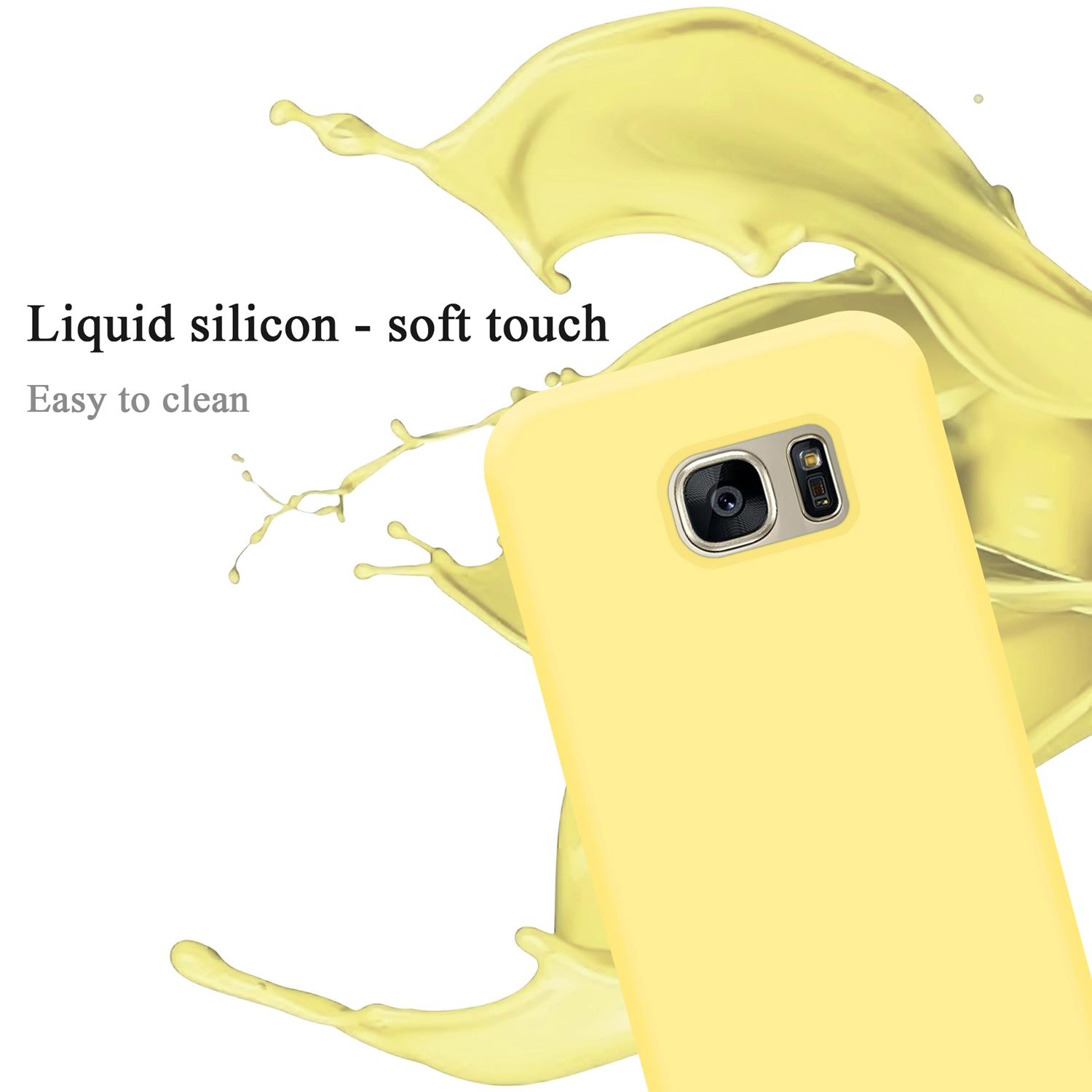 Gelbe Handyhülle mit Telefon und gelben Spritzern im Hintergrund. Weiche Haptik und leicht zu reinigen.