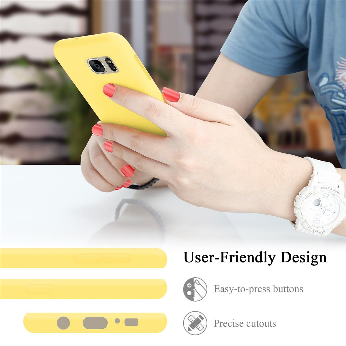 Eine Person hält ein gelbes Telefon mit einer Handyhülle. Es gibt auch Designdetails.