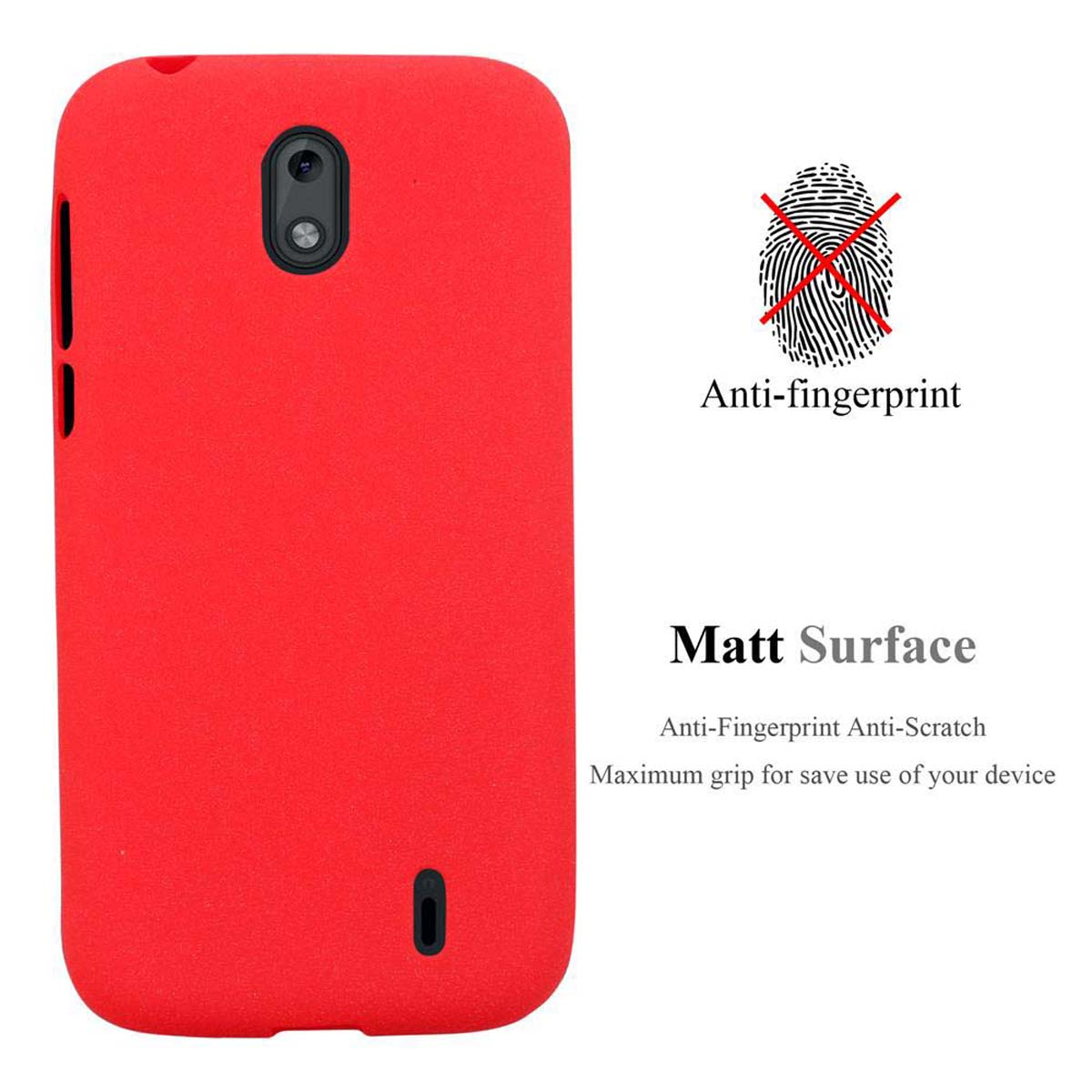 Custodia rossa per telefono con testo: Anti-impronte, Superficie opaca. Immagine di impronta digitale sbarrata.