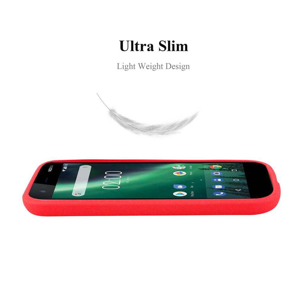 Una custodia per telefono con bordo rosso con un telefono all'interno. Il telefono mostra l'ora 02:00 sullo schermo.