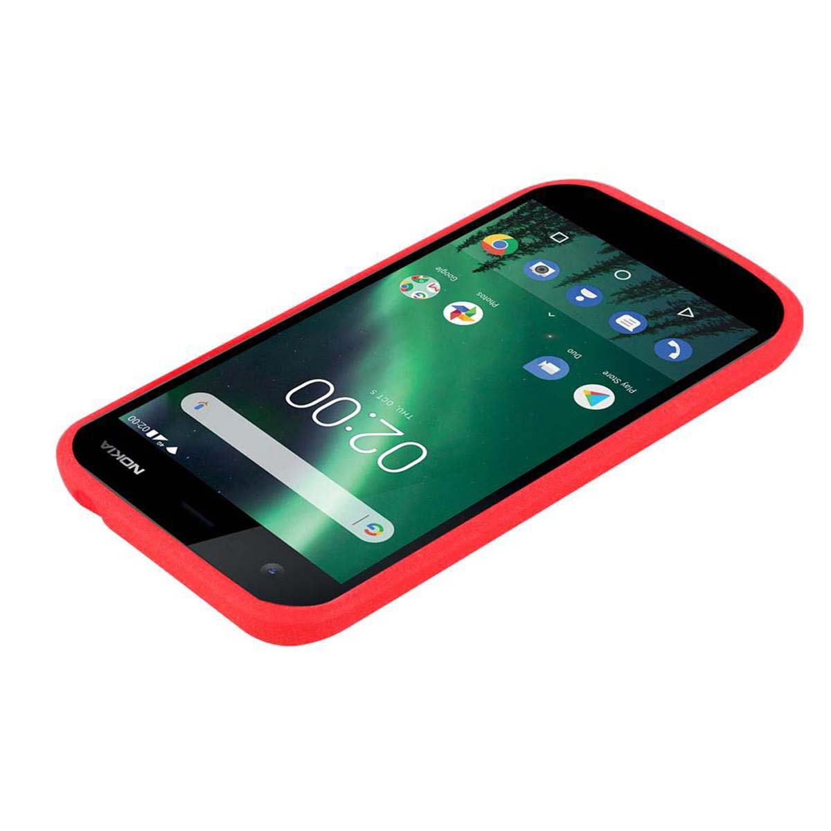 Custodia rossa per telefono su telefono con schermo verde. Il telefono mostra l'ora: 02:00. Testo: Nokia. Custodia rossa.
